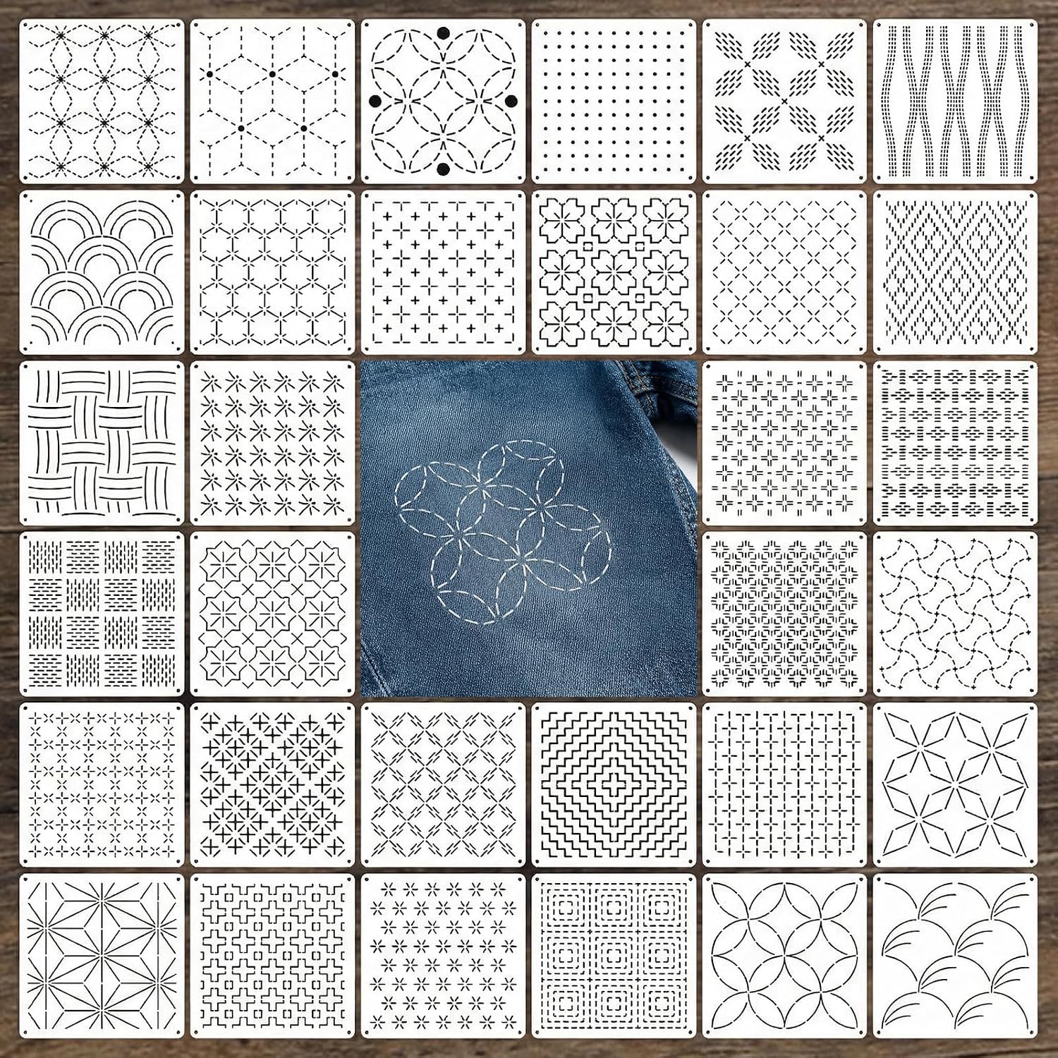 70 Pcs Sashiko Stencil Kit Plastic Sashiko Embroidery with Threads, Needles, Thimble, Acrylic Geometric Pattern Template Drawing Line for Sewing Hand Quilting and Embroidery