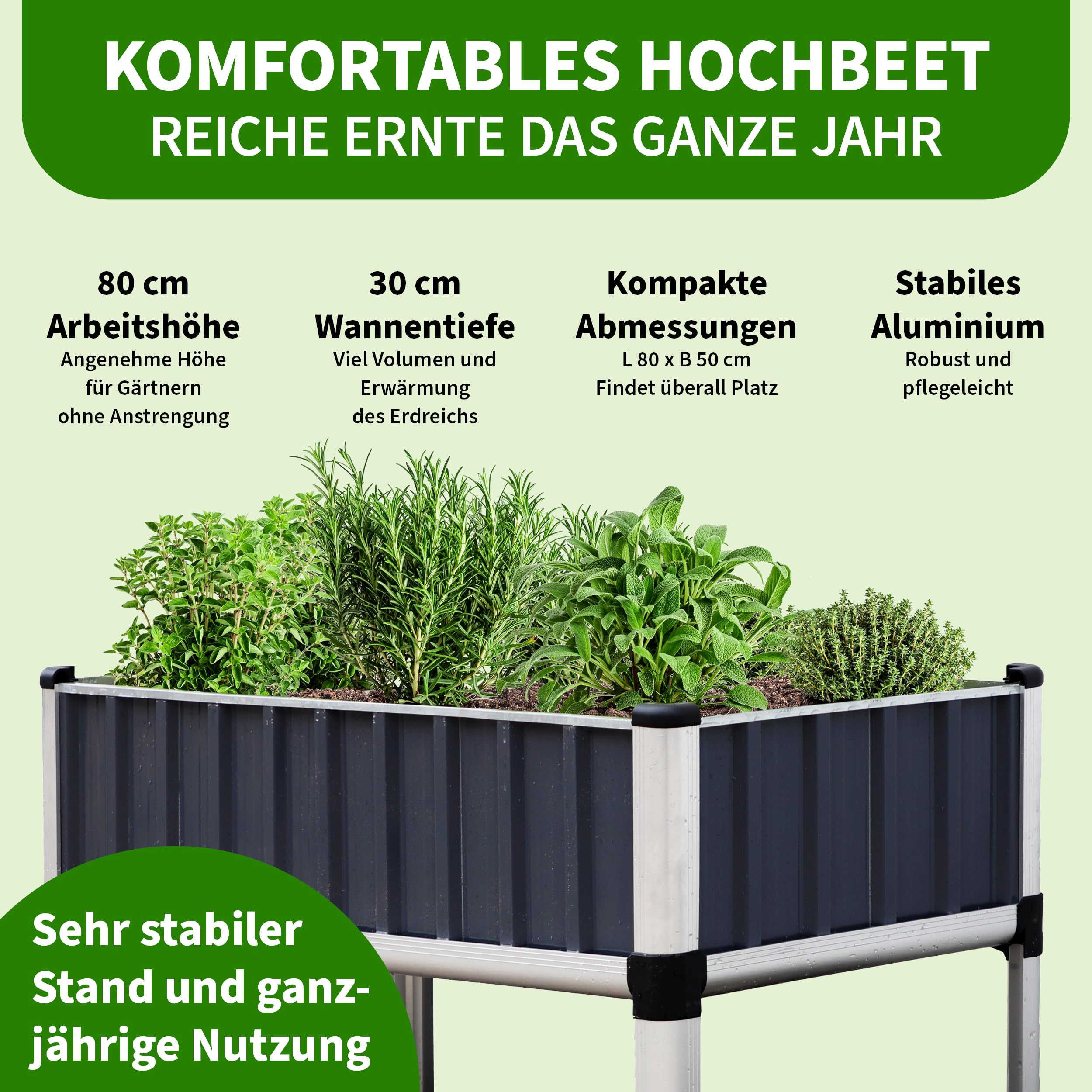TTL GARDEN Hochbeet 80x50x80cm Superior M aus Metall Anthrazit-Silber | Alu Stahl verzinkt & lackiert - Frühbeet, Pflanzkasten, Kräuterbeet, Blumenbeet, Blumenkasten für Garten, Balkon, Terrasse