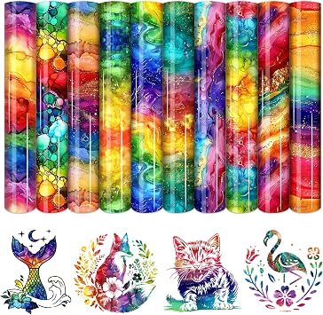 Rainbow Marble Patterned Heat Transfer Vinyl-10sheets 12 x 10 Metallic Gold Foil Waterproof HTV for DIY Fashion