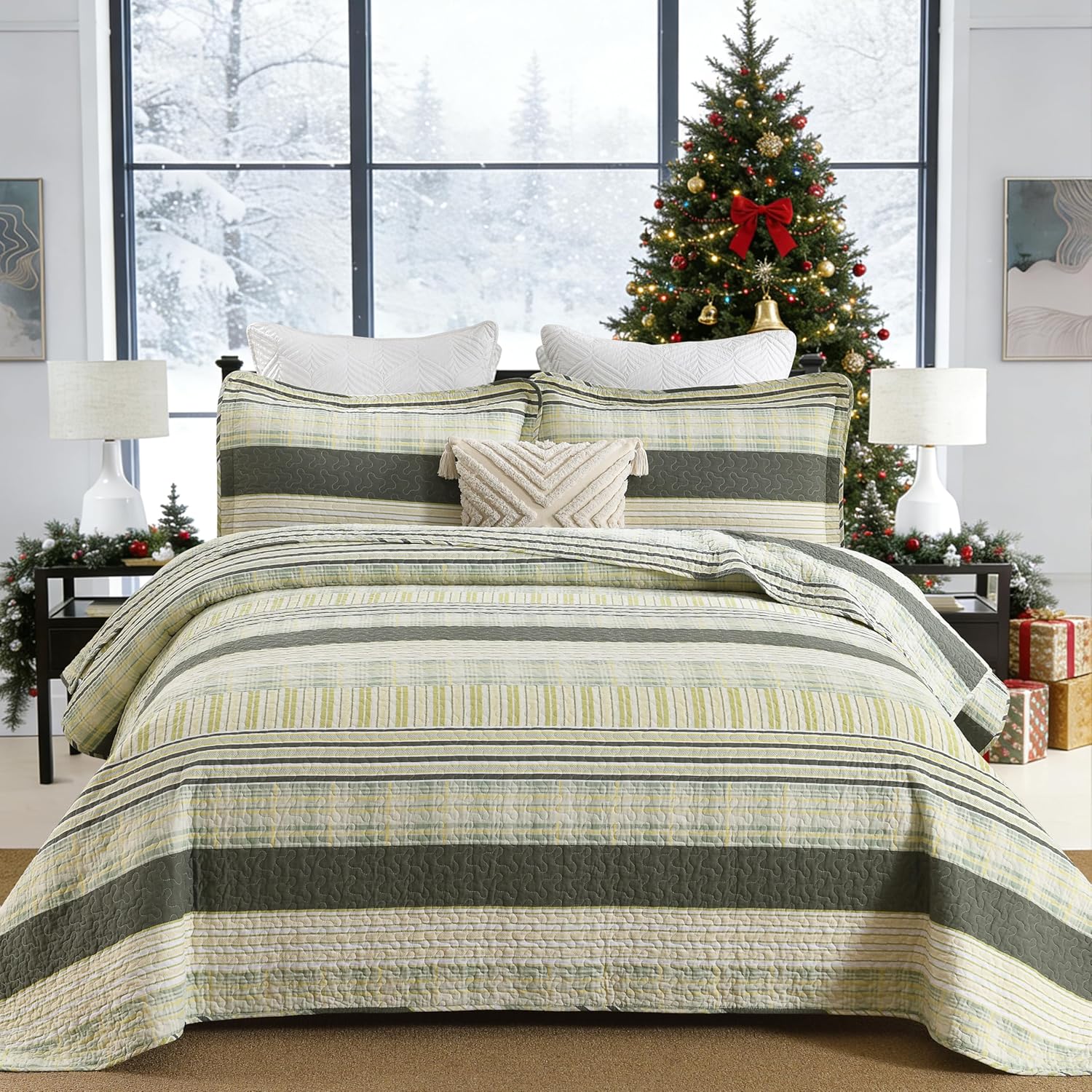 Homzard King Quilt - Cotton Comforter Set King Size, Green Yellow Striped Quilt Set,Olive Green Plaid Bedding Bedspread, Lightweight Farmhouse Comforter 3 Pieces All Season - Image 7