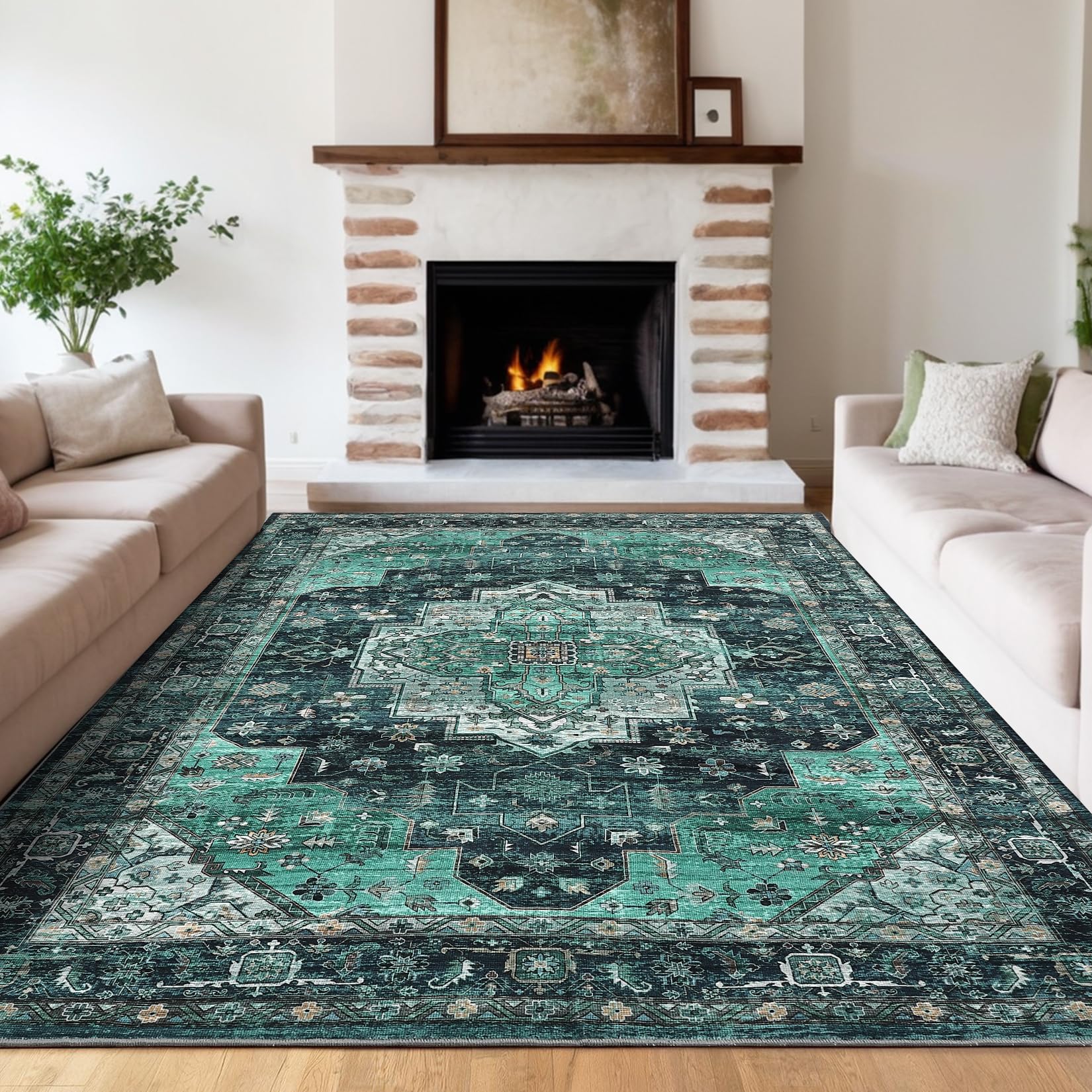 FairyStyle Washable Vintage Living Room Area Rug 200x290cm Vintage Machine Washable Area Rug for Living Room Indoor Large Non-Slip Bedroom Carpet Low Pile Stain Resistant Dining Room Carpet Teal