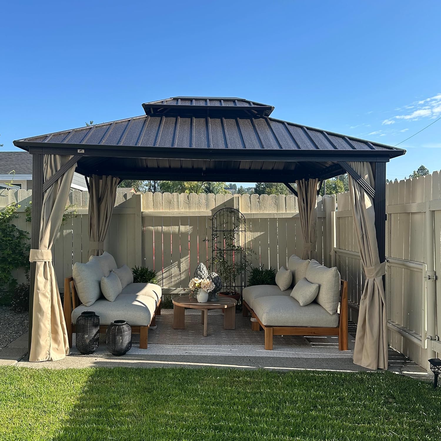 PURPLE LEAF 10’ X 12’ Outdoor Hardtop Gazebo Metal Frame Galvanized Steel Double Roof with Curtains and Nettings for Patio Desk Backyard Bronze