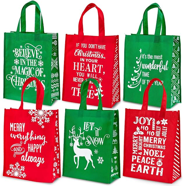 Whaline Christmas Non-Woven Gift Bags Christmas Tote Bags with Handles Red Green Snowflakes Xmas Tree Grocery Bags Reusable Party Treat Goodie Bag for Holiday Party Favors, 12.2" x 9.8" x 4.5", 6 Pack
