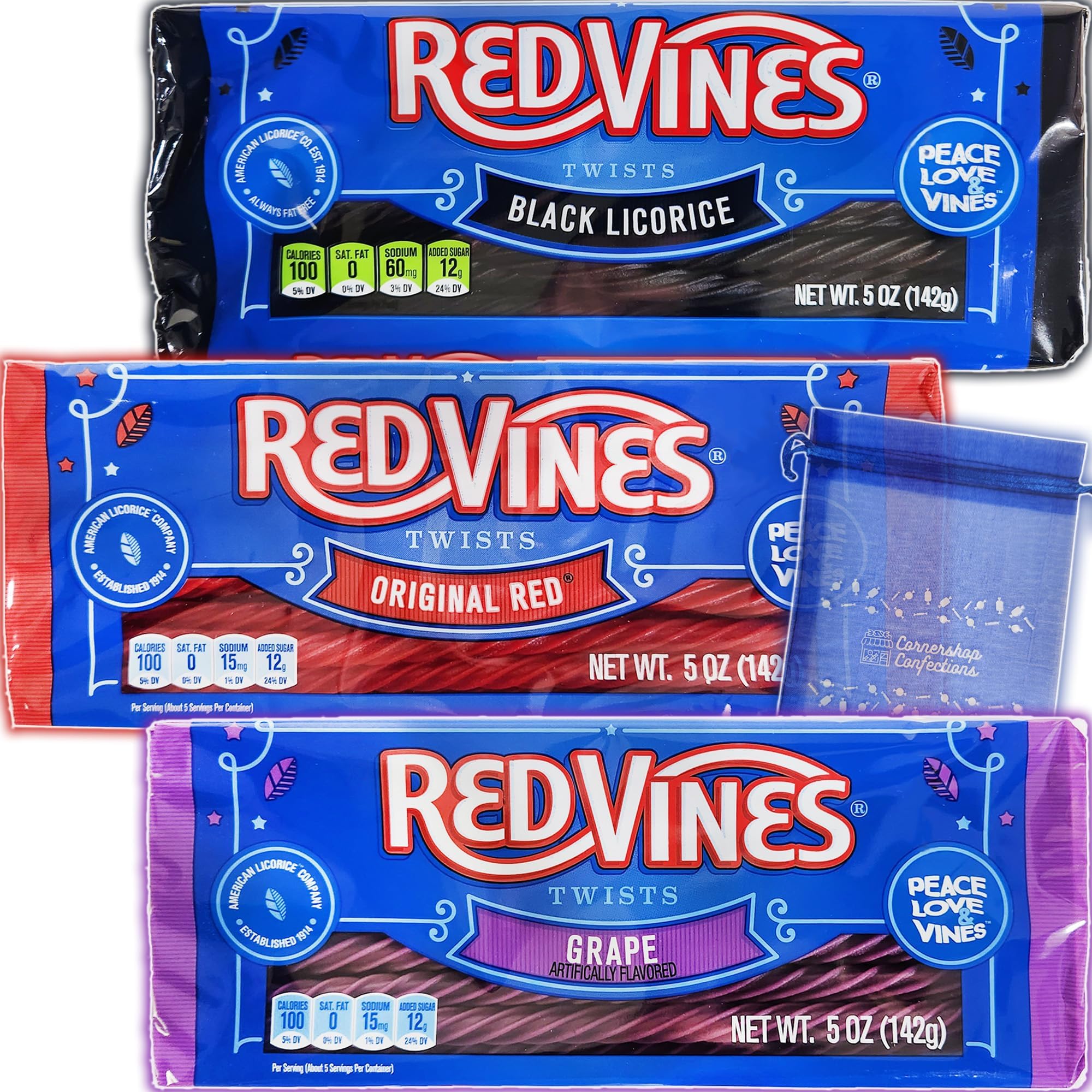 Red Vines Twists 3 Flavor Variety Pack - Original Red, Grape, Black Licorice - Over 40 Twists Total From 3 Fun Flavors of Licorice - Individually Sealed Trays - With Cornershop Confections Candy Bag