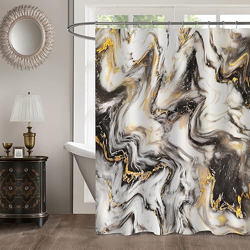 MitoVilla Juego de cortina de ducha de mármol negro y oro, cortina de ducha estándar de lujo para bañera, decoración de baño, abstracta moderna,