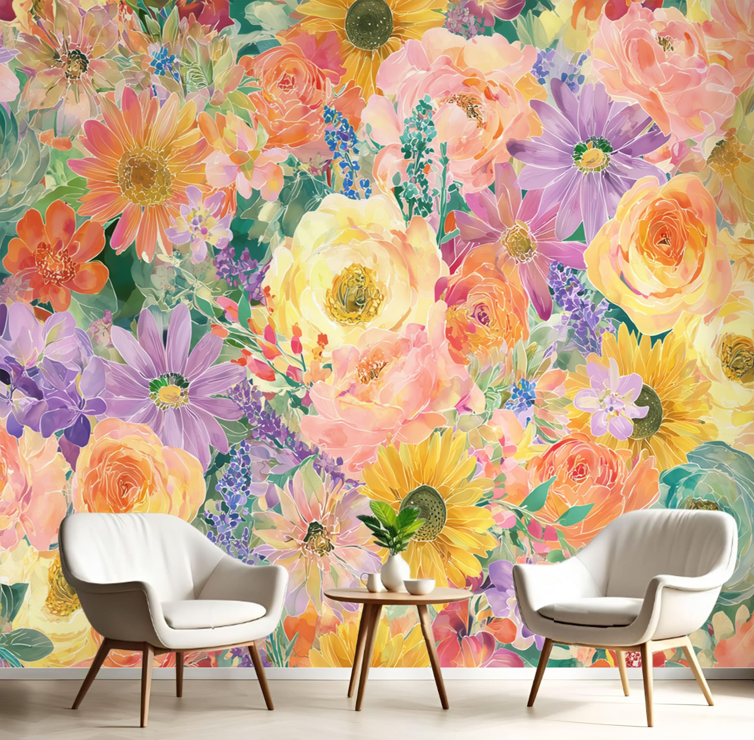 Fleurs à l'aquarelle papier peint grand 3D orange décoration murale