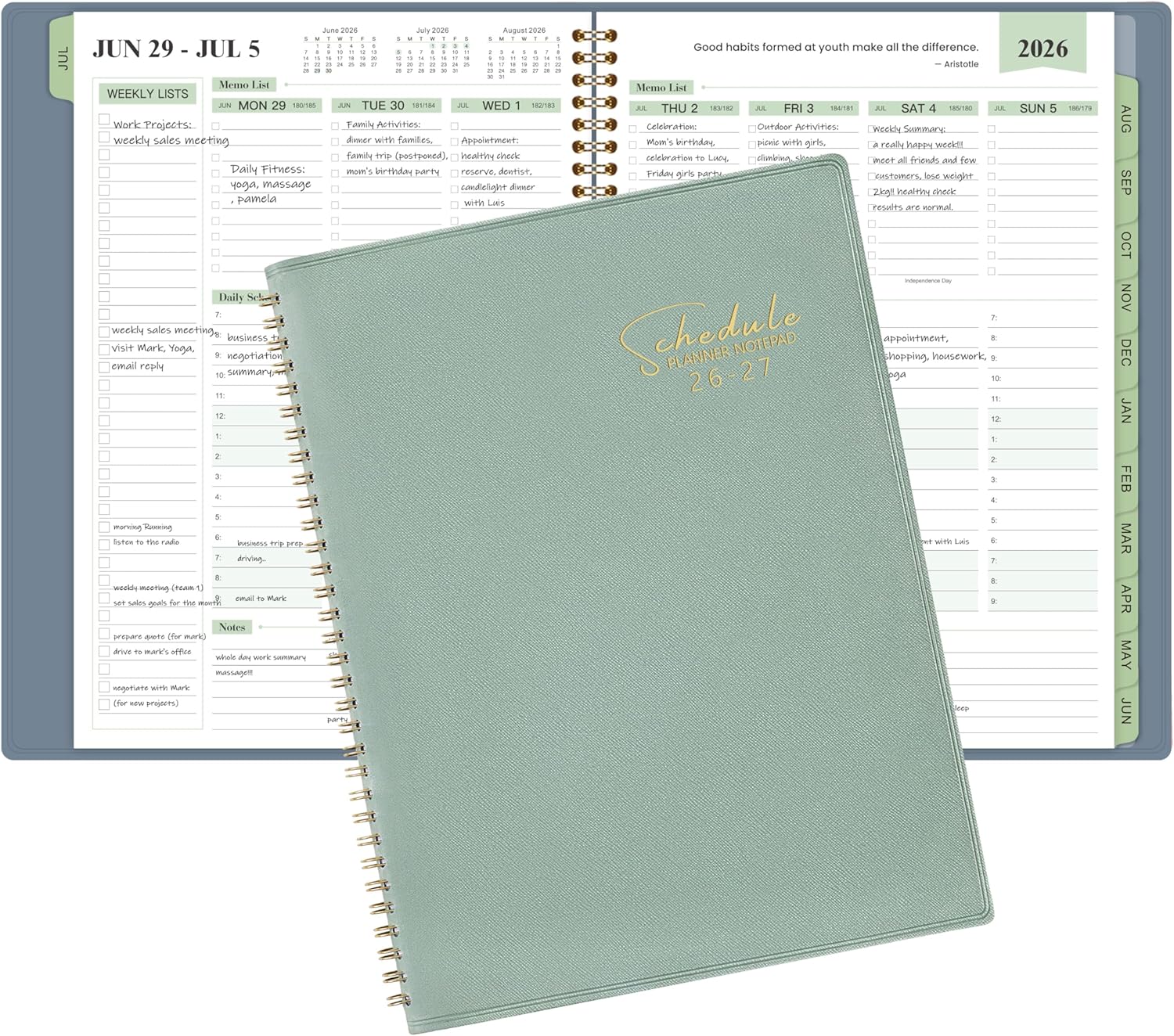 Appointment Book 2026-2027- Business Planner, JUL 2026 - JUN 2027,Planner 2026-2027, 3-Tier Schedule Planner, 8.74" x 11.38", 60 Minutes Intervals + Monthly Tabs + Leather Cover + Pocket - Pea Green