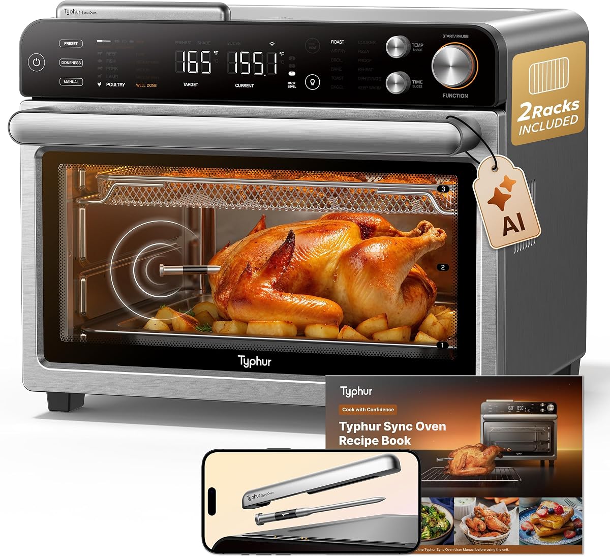 Typhur Sync Oven with Smart Wireless Meat Thermometer Probe, 12‑in‑1 Countertop Airfryer Toaster Oven Combo, 360° Turbo Convection, Dehydrator, Recipes & 5 Accessories, Large 27QT with Extra Wire Rack