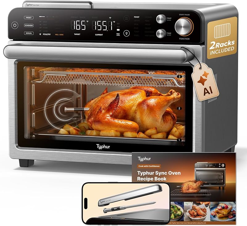 Horno Sync con sonda de termómetro de carne inalámbrico inteligente, combo de horno tostador de freidora de aire de encimera 12 en 1, convección turbo de 360°, deshidratador, recetas y 5 accesorios, gran 27QT con estante de alambre adicional
