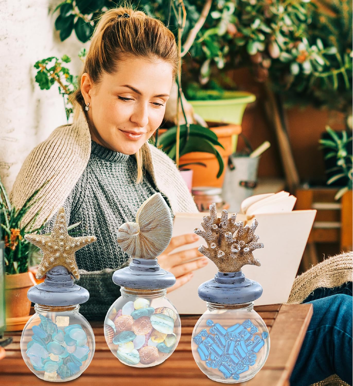 CoTa Global Resin Nautical Seashell Glass Bottles with Cork - Decorative Bottles with Sea Shell, Starfish, and Coral Lids, Glass Jars for Beach Home Decor, Food, Spices, and Storage - Set of 3