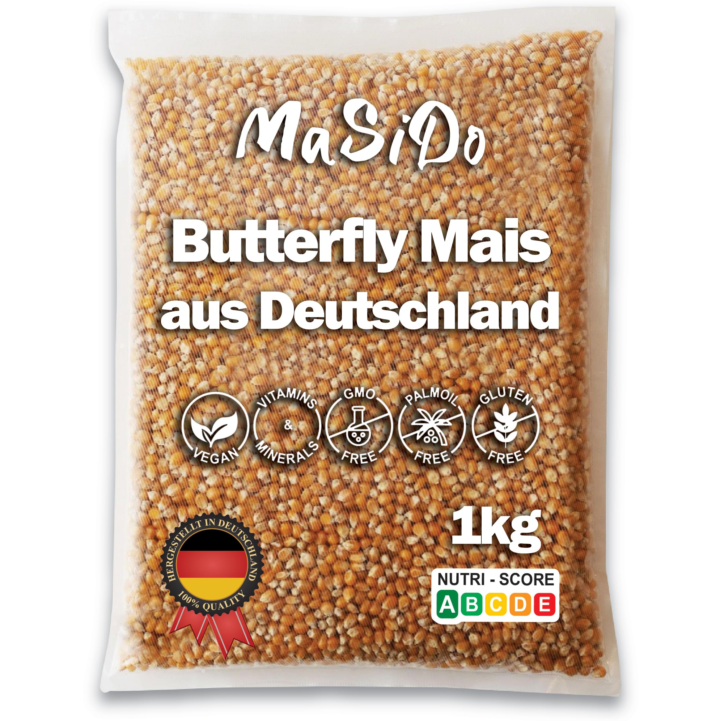 MSD MaSiDo Premium Popcorn Mais aus Deutschland, Butterfly Mais Vorratspack, ohne Gentechnik, vegan, glutenfrei, laktosefrei (1kg Packung)