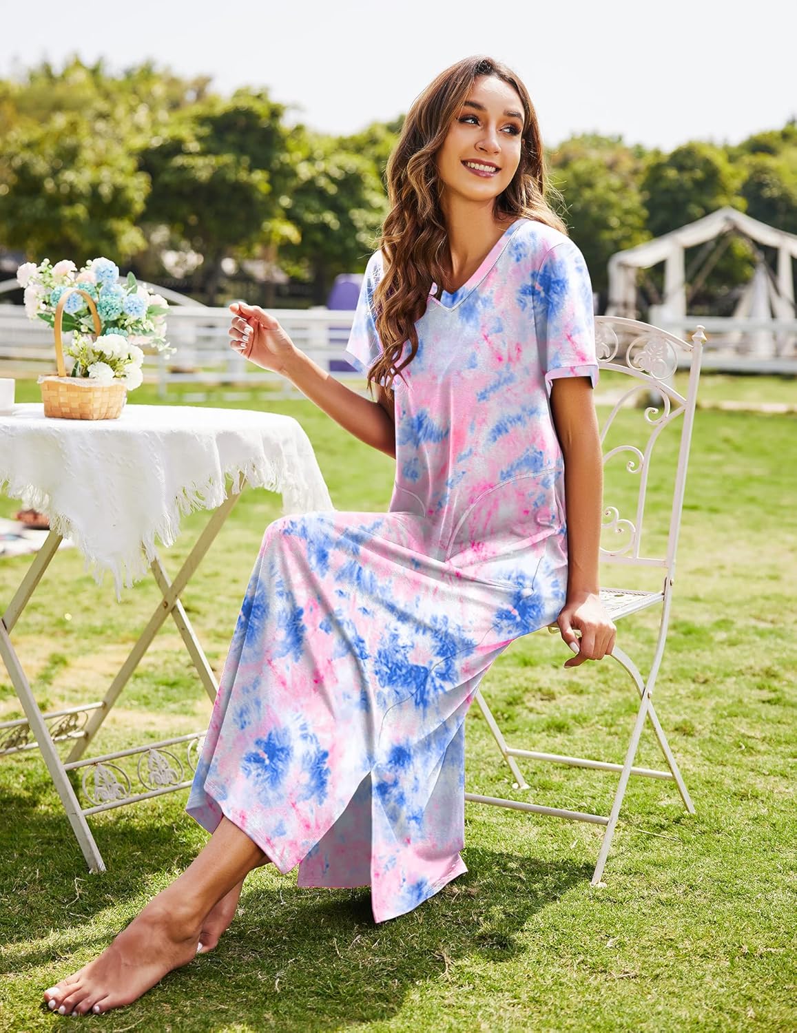 Ekouaer Women's Full Length Short Sleeve Nightgown - Image 3