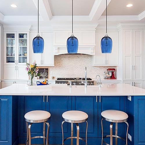 Miniatura 4 de Paquete de 2 lámparas colgantes para isla de cocina para interiores, 5.1 pulgadas, sopladas a mano, color negro, antiguo cristal azul, lámparas de