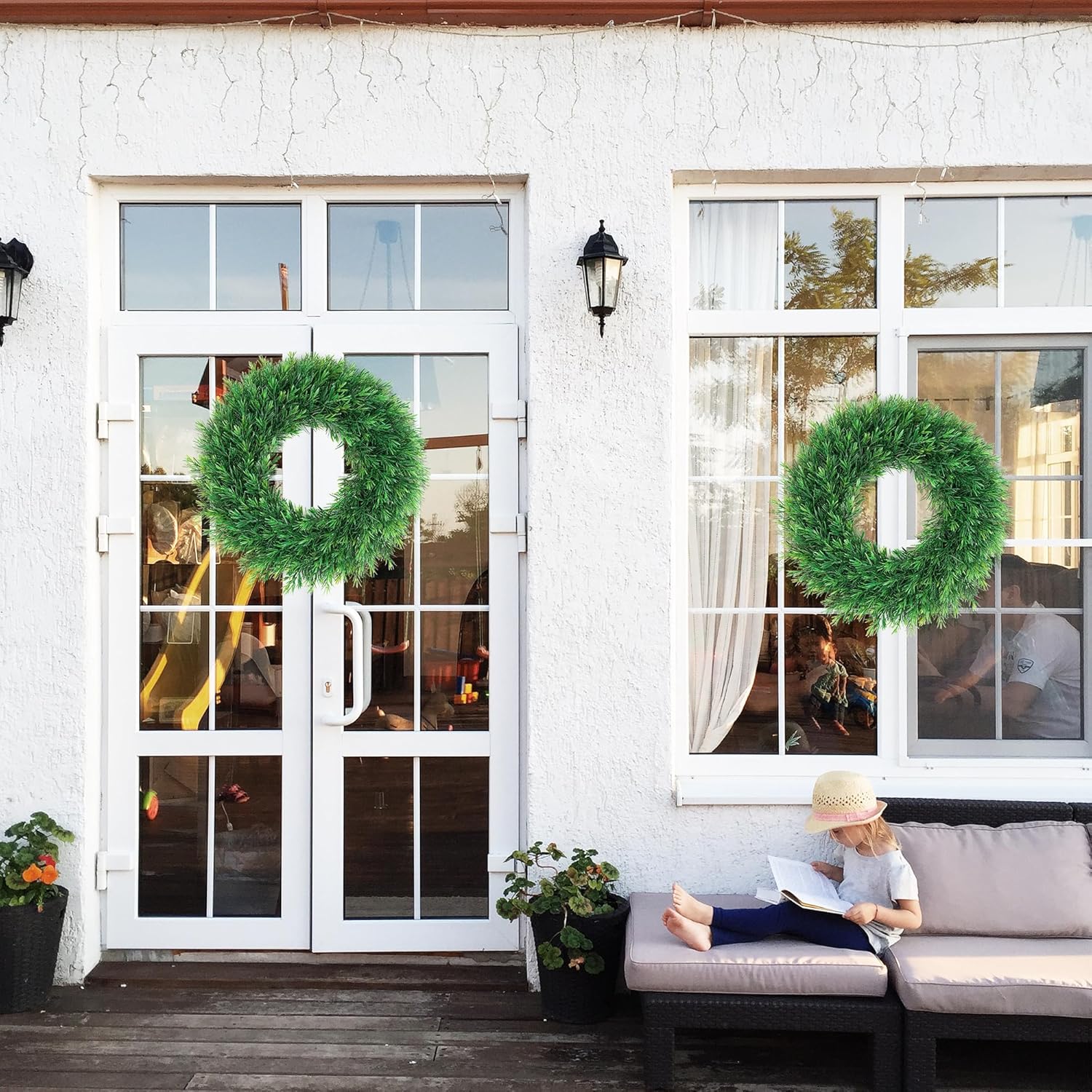 22" Greenery Wreaths for Front Door, Spring Summer Wreaths Outside All Season, Artificial Fir Wreath Front Door for Wall Hanging Wedding Window Home Porch Farmhouse Patio Garden Decor - Image 6