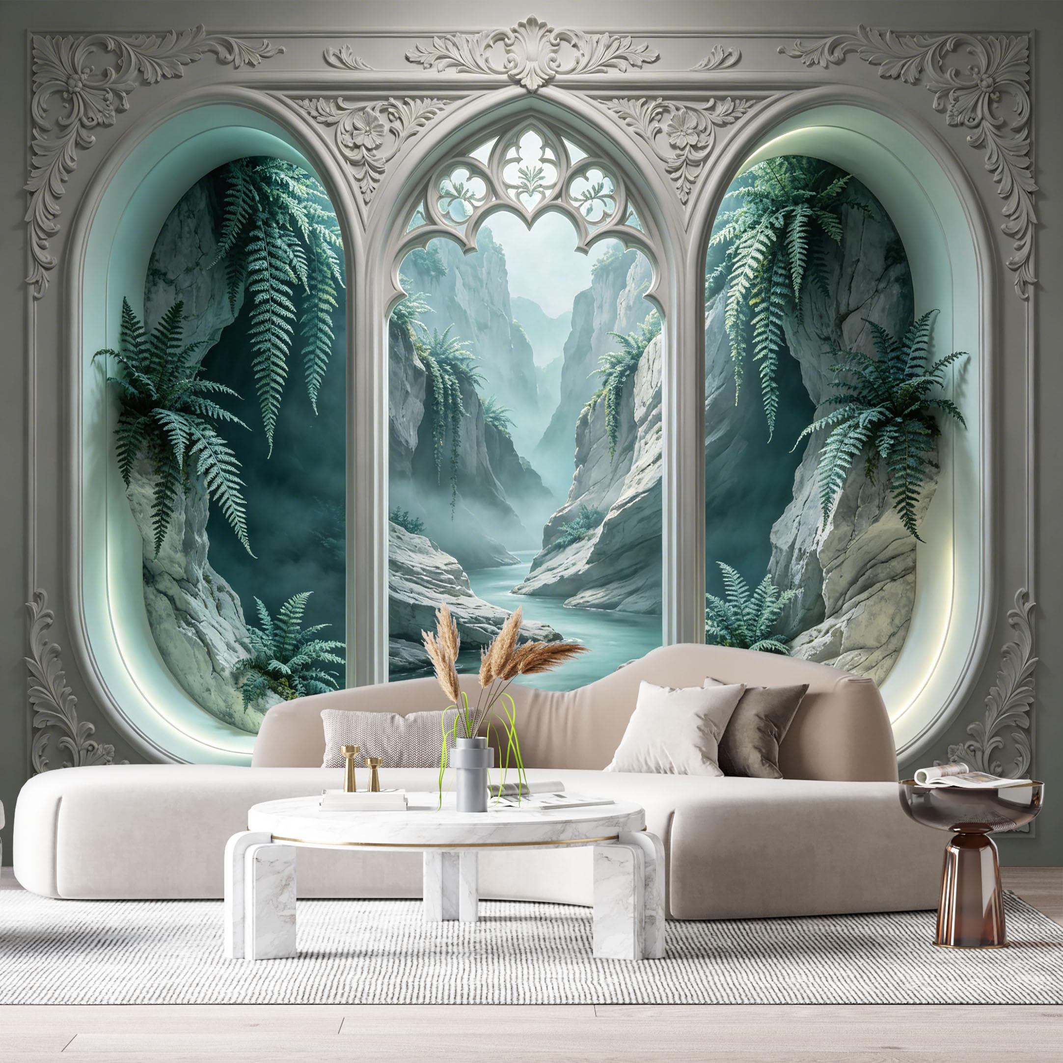 Custom Size Wall Murals Gothic Window Misty Canyon Ferns River Landscape 3D Trompe L'Oeil SelfAdhesiveWall Fabric Removable Wallpaper Wall Decor for Living Room Bedroom Bathroom