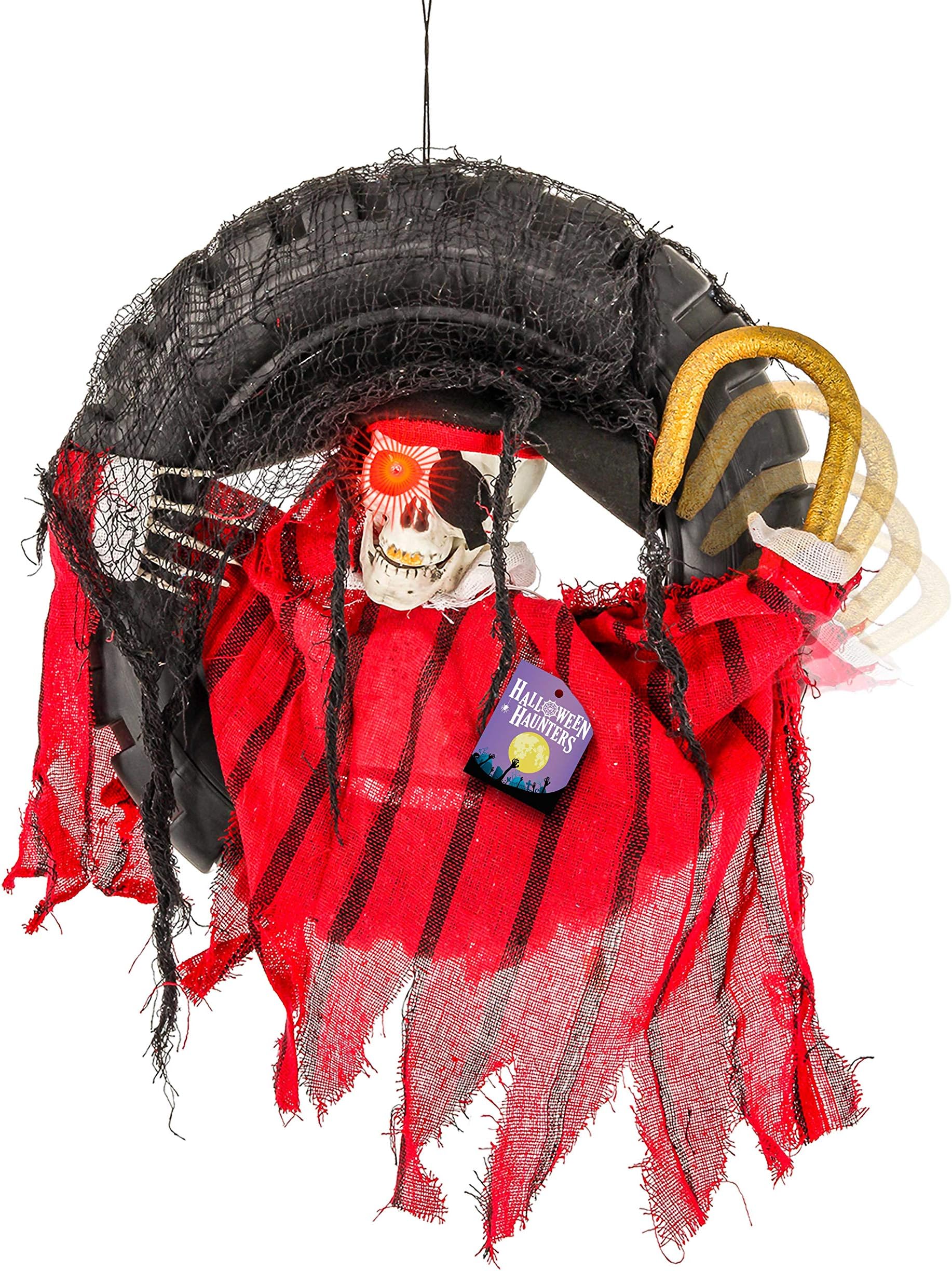 Halloween Haunters Animated Hanging Skeleton Head Pirate in Tire Swing Prop Decoration - 16" Diameter, Hook Arm Moves Forward, Haunting Howls & Laughs, LED Light Up Eyes