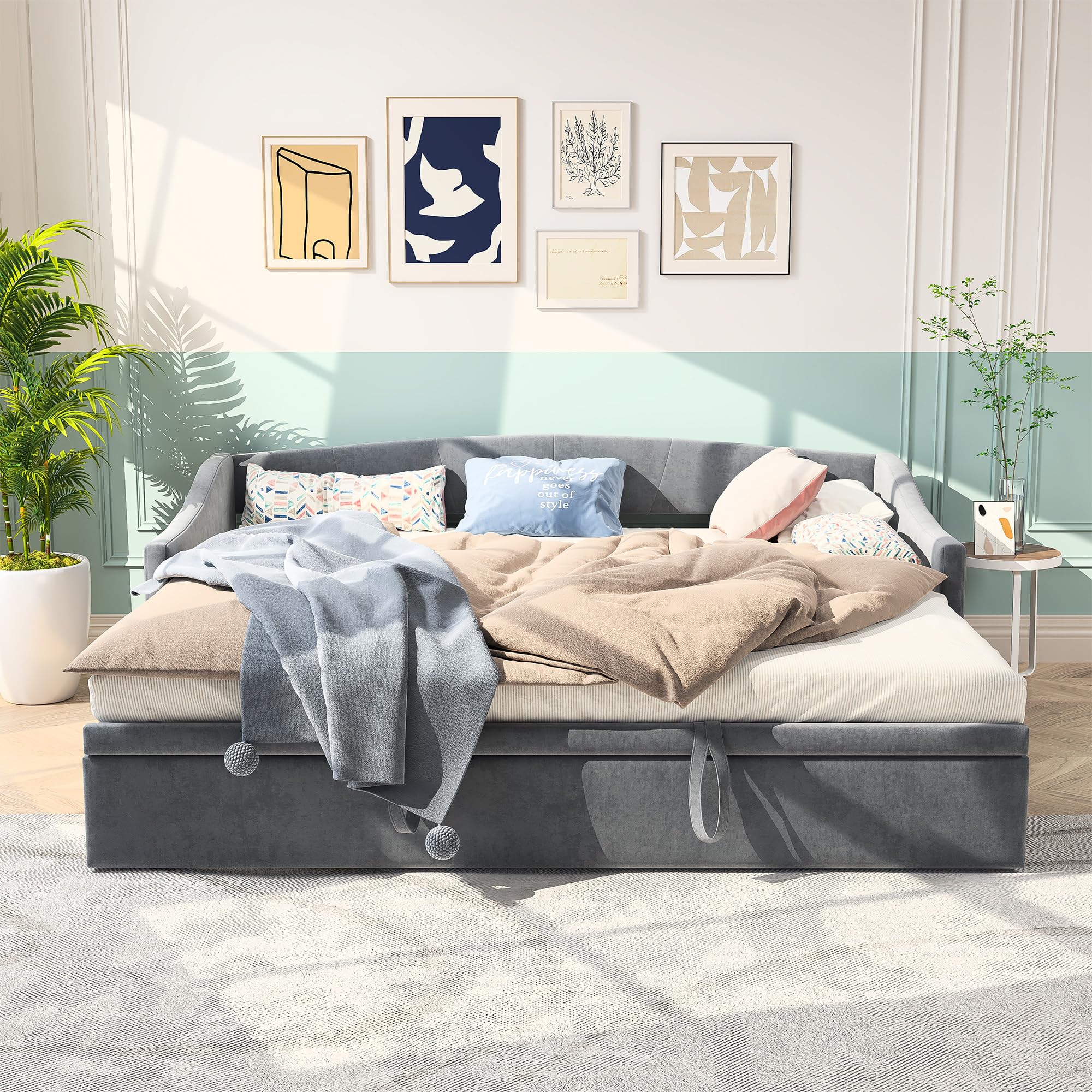 Divano letto convertibile con letto estraibile, 90 x 200 cm, letto panca a 3 posti letto matrimoniale vellutato, telaio letto divano allungabile con rete a doghe, (senza materasso)
