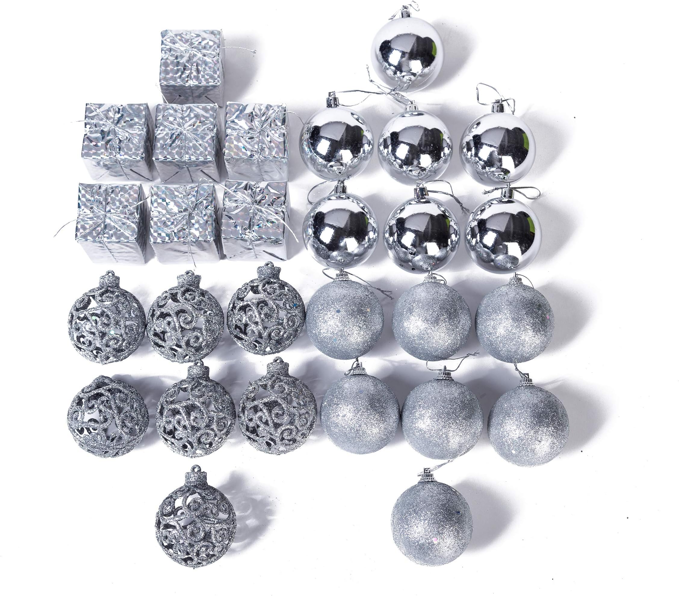 Xena 28 Piece Elegant Modern Silver Christmas Tree Ball Ornament Drum Snow Winter Theme Assortment Set, 2 x 2 Inches DIY Holiday Xmas Decorations Present Party Favors Supplies Accessories