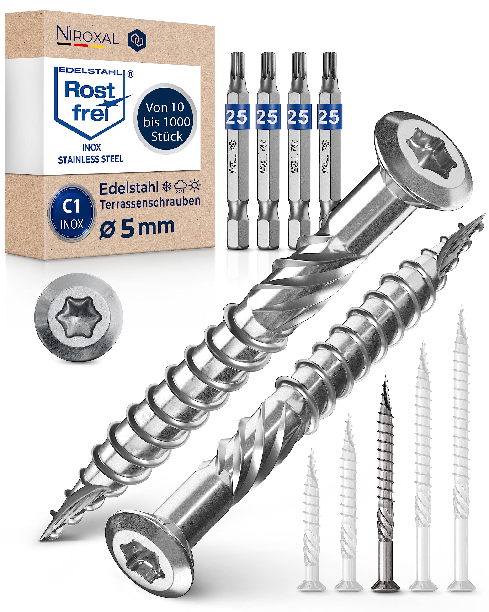 Tornillos de terraza 5 x 60 de acero inoxidable C1, tornillos de cabeza alomada de 5 mm de diámetro tornillos de acero inoxidable para, 1000 unidades, tornillos Torx de 60 mm de largo y 4 puntas Torx