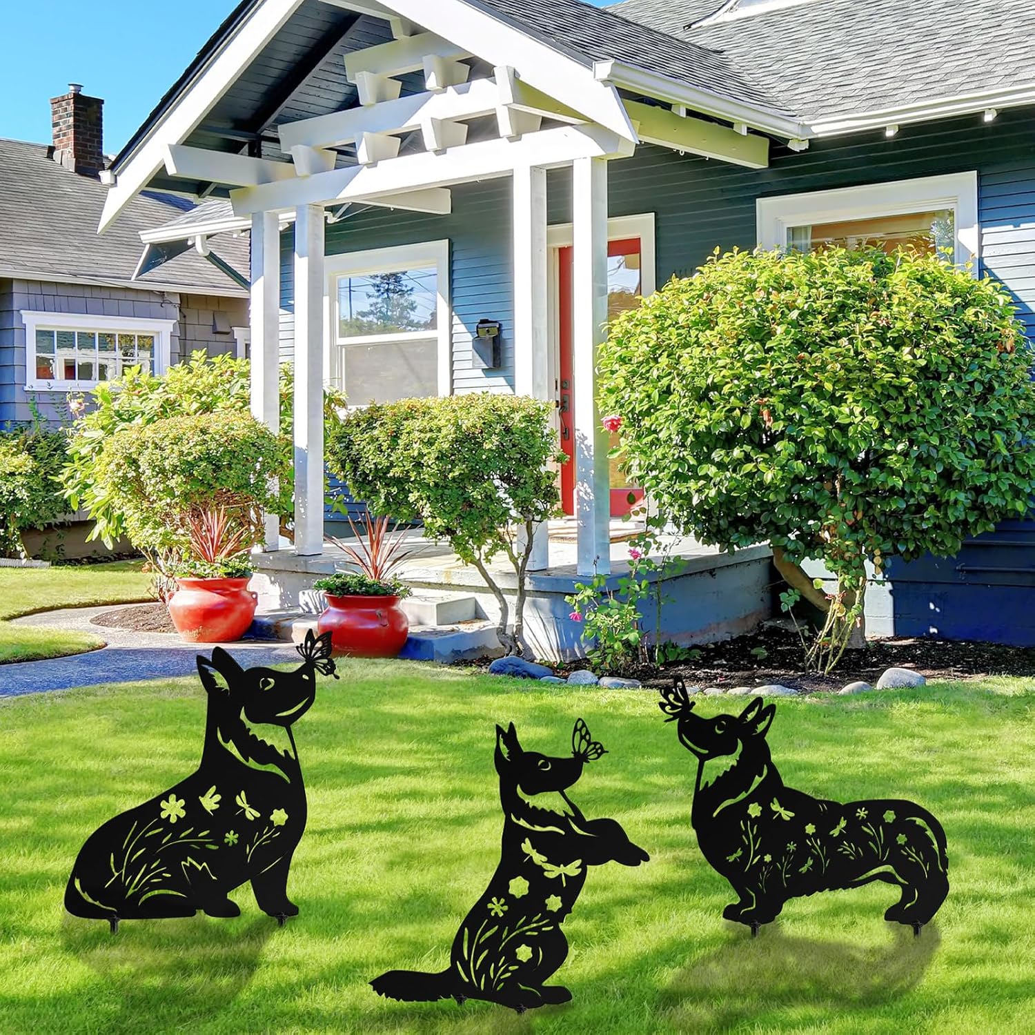 MorningRo 3 Pcs Corgi Metal Dog Garden Decor for Outside 12" Corgi Puppy Garden Stake Black Silhouette Statues Outdoor Decoration Women Men Dog Lovers Spring Patio Lawn Yard Art