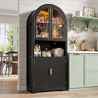 Maupvit 70" Tall Arched Wine Bar Cabinet with LED Light, Fluted Coffee Bar Cabinets with Stemware Rack, Kitchen Pantry Cupboard with Glass Doors, Liquor Cabinet for Home, Dining Room (Black)