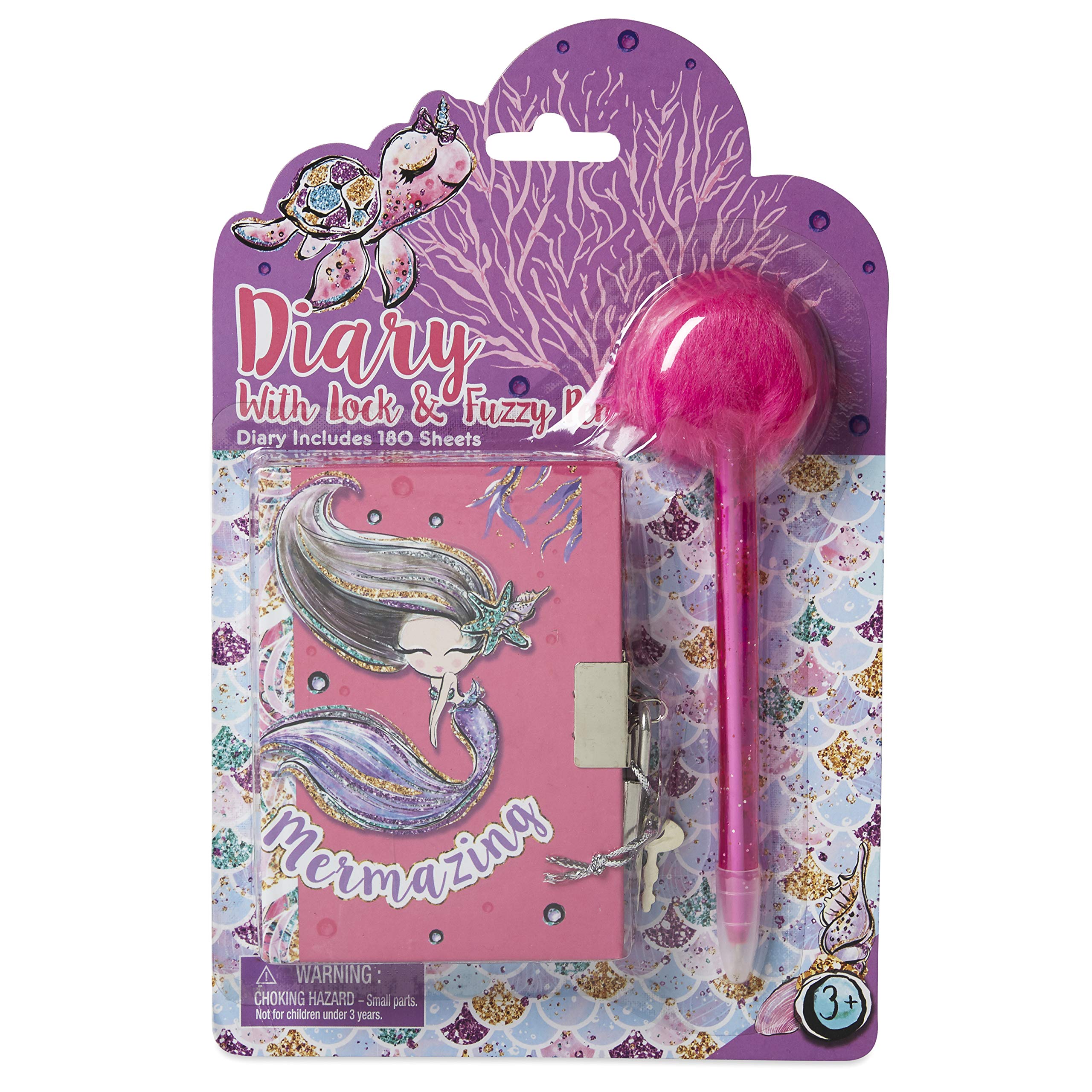 Charming Charlie"Mermazing" Mini Diary Set With Colorfully Designed Hard Cover, 180 Lined Sheets Of Paper, Padlock And Key To Keep Your Secrets Safe, And A Furry Fuzzy Topped Plush Pen