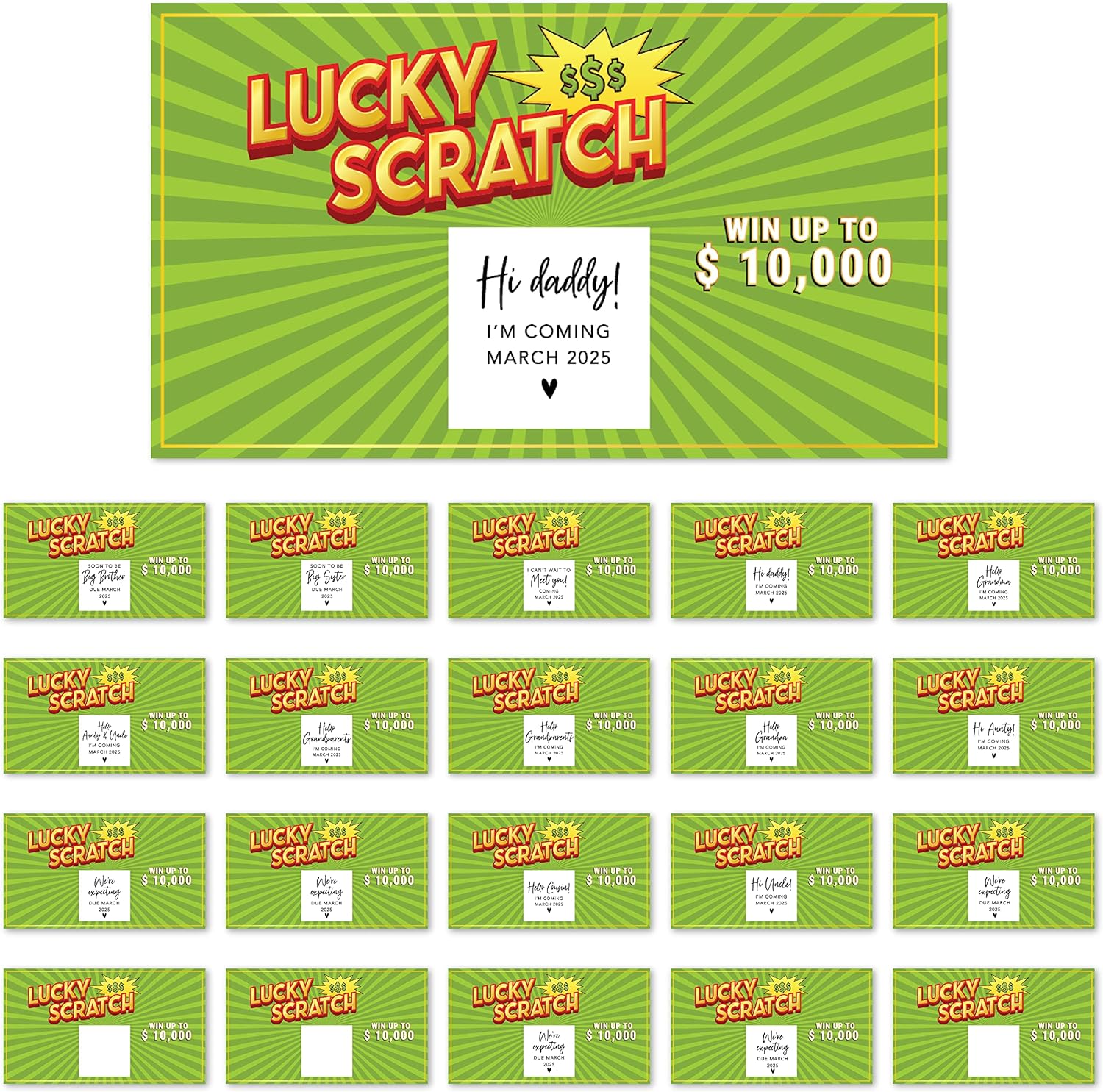 Andaz Press 20-Pack Personalized Lottery Ticket Pregnancy Announcements Scratch Off Cards Baby Announcement Ideas, Green 2x3.5-Inch Baby Reveal Cards, Surprise Baby News for Family, Husband, Grandma