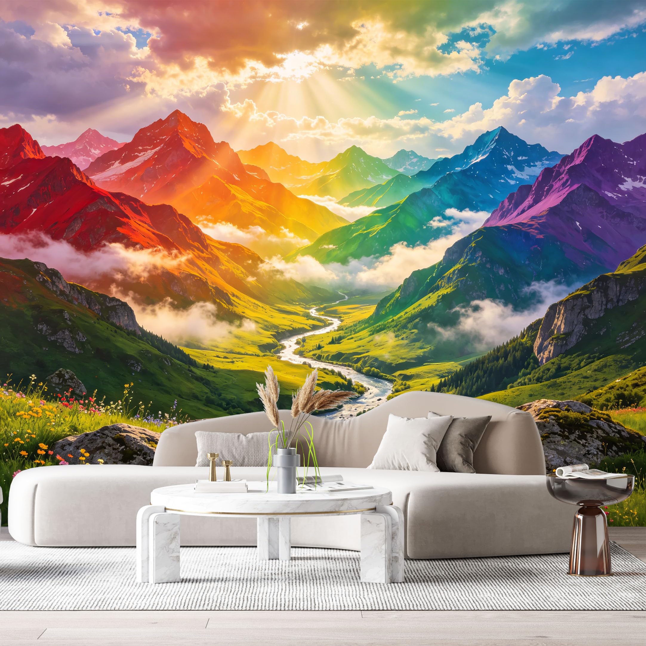 Custom Size Wall Murals Colorful Mountain Landscape Sunrise Valley River Forest SelfAdhesive Wall Fabric Removable Large Wallpaper for Photo Living Room