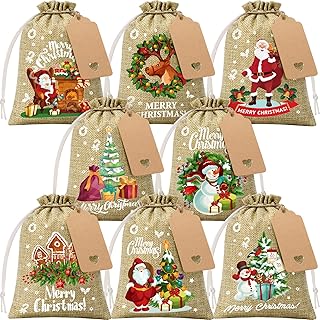 24Pcs Christmas Burlap Gift Bags with Drawstring, 5x7in Christmas Linen Treat Bags with Tag Goody Gift Bags Small Jute Xmas Candy Bags Reusable Gift Wrapping Bags Xmas Holiday Party Favors Linen Sacks