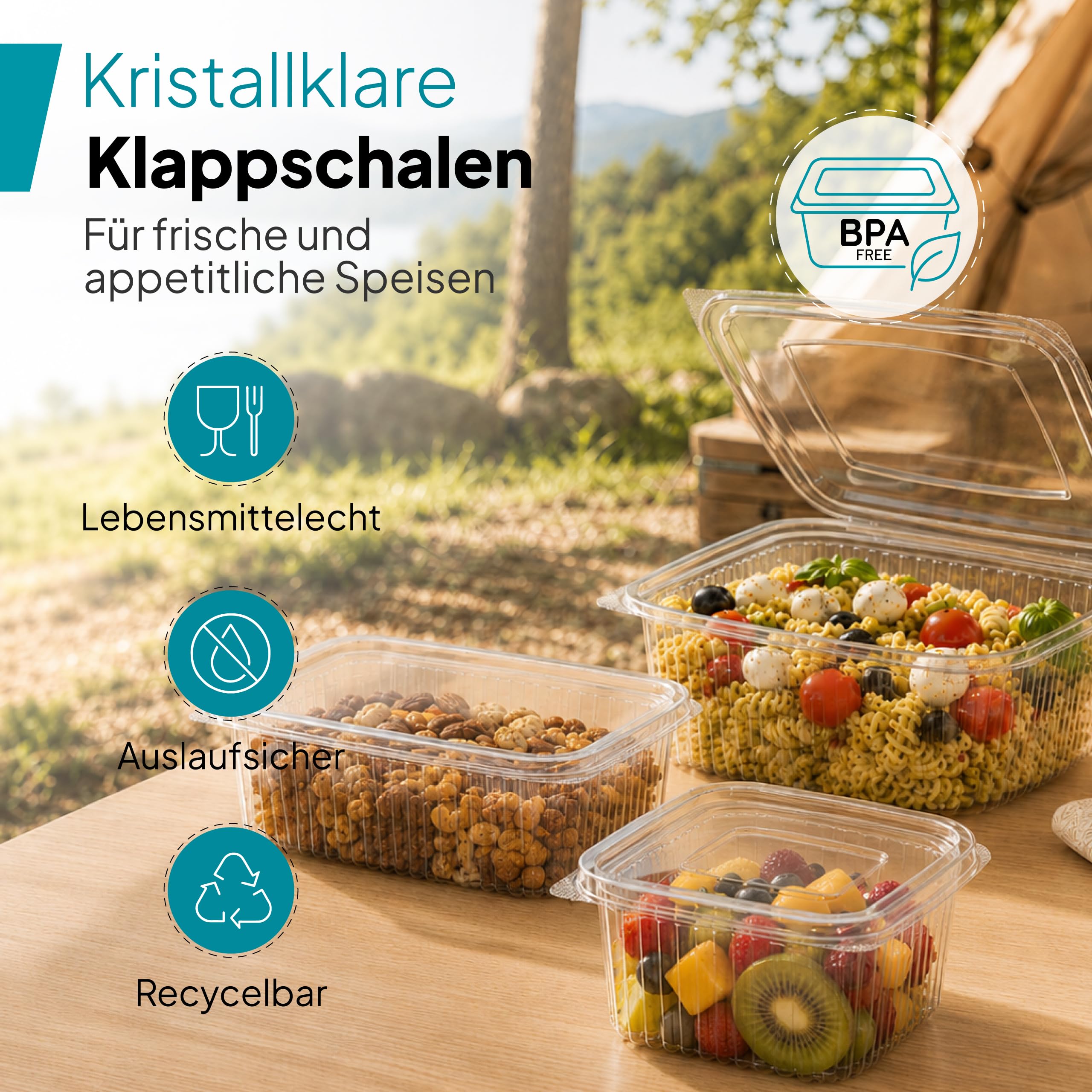 Commerline Plastikbehälter mit Deckel 2000 ml, 100 Stück, Klappschalen