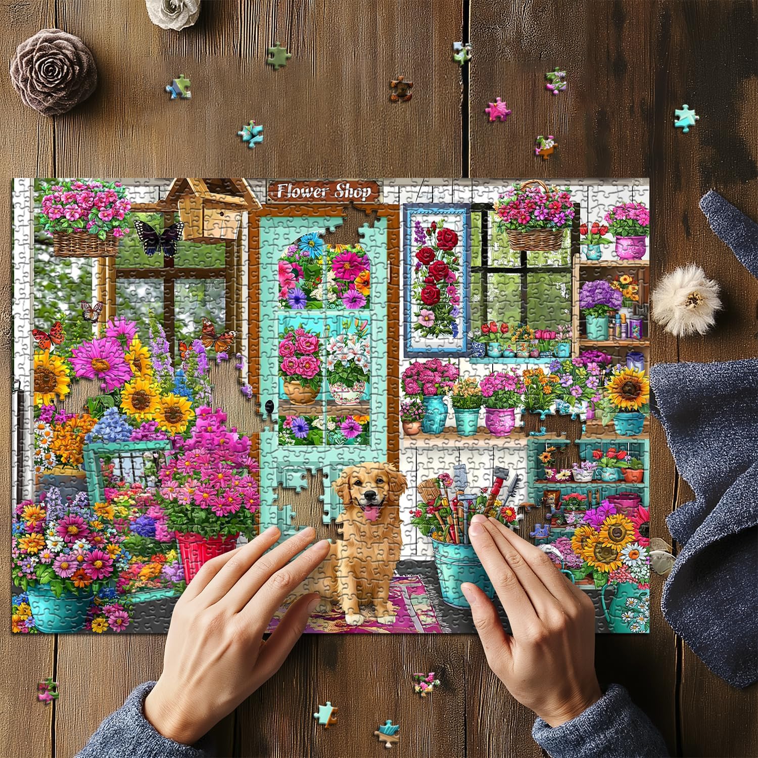 PICKFORU 1000 Piece Floral Jigsaw Puzzle, Nature Flower Shop Plant Puzzle, Colorful Spring Garden, Dog