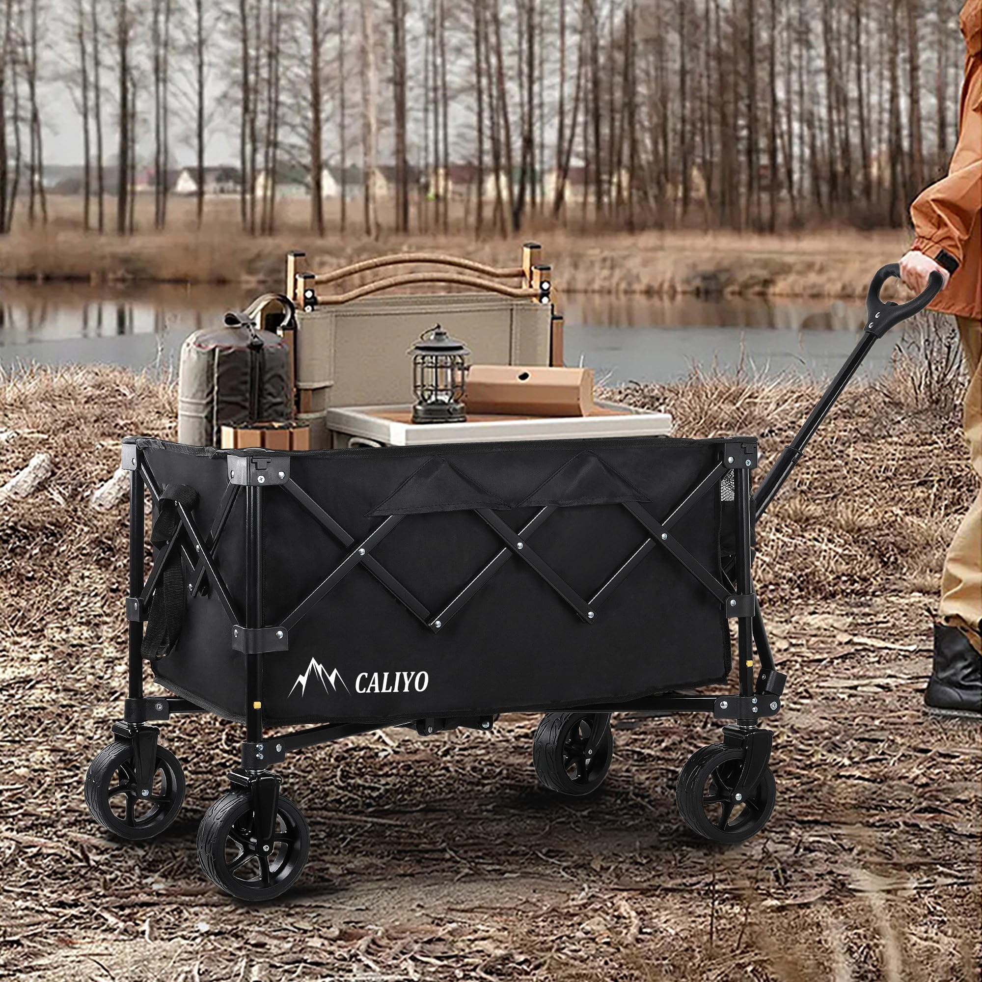 CALIYO Bollerwagen Faltbar 100L 100KG belastbar, Faltbarer Bollerwagen mit verstellbarem Griff, Handwagen Luftreifen für alle Gelände Camping Einkaufen Faltbollerwagen Schwarz