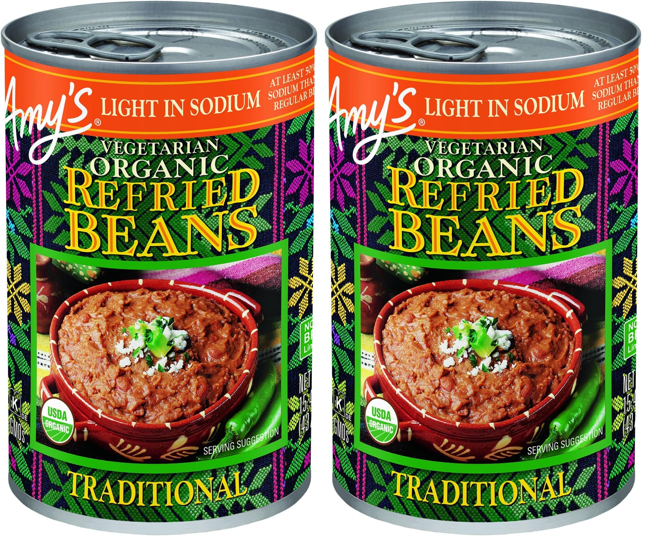 Amy's Organic Refried Beans Canned, Traditional Beans Light in Sodium, Vegan. Gluten Free and Vegetarian, 15.4 Oz (Pack of 2)