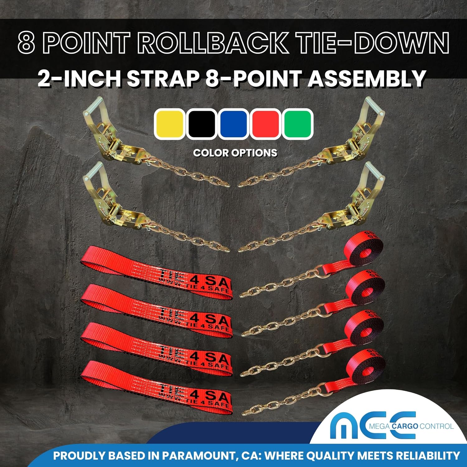 Mega Cargo Control 8 Point RollBack Vehicle Tie Down Kit with Chain Extension on Both Ends for Towing, Flatbed, Car Hauling -Red Towing Straps