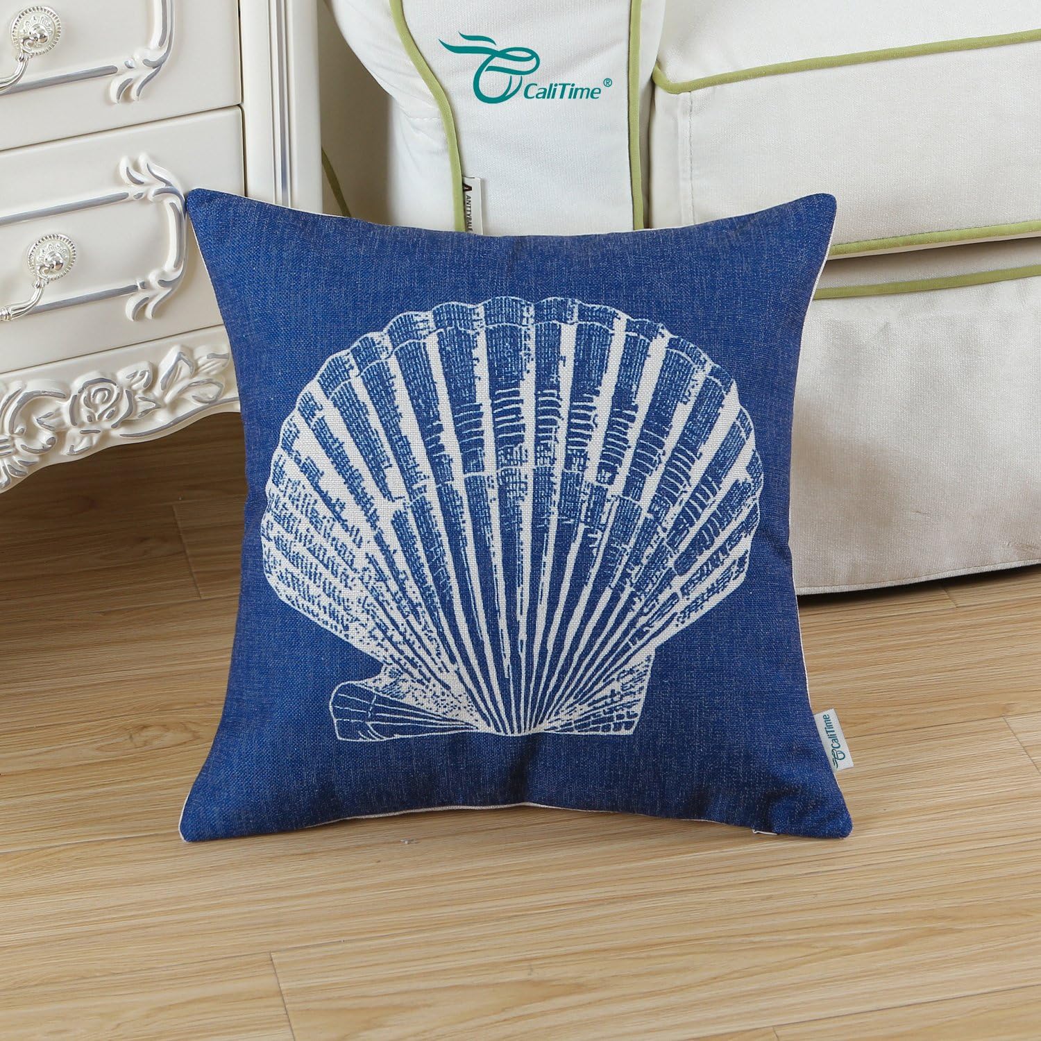 CaliTime Set of 3 Canvas Throw Pillow Covers Cases for Couch Sofa Home Decoration Mediterranean Sea Shells Print 18 X 18 Inches Navy Blue