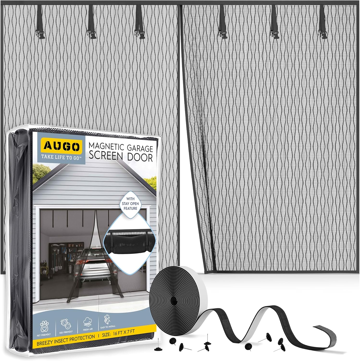 AUGO Garage Door Screen Magnetic Closure - Garage Screen Doors for 2 Car Garage Pull Down - Magnetic Screen Door Mesh - Heavy Duty Weighted Bottom - Pet  Kid Friendly - Keep Open Feature - 16 x 7 AUGO Garage Door Screen Magnetic Closure - Garage Screen Doors for 2 Car Garage Pull Down - Magnetic Screen Door Mesh - Heavy Duty Weighted Bottom - Pet  Kid Friendly - Keep Open Feature - 16 x 7