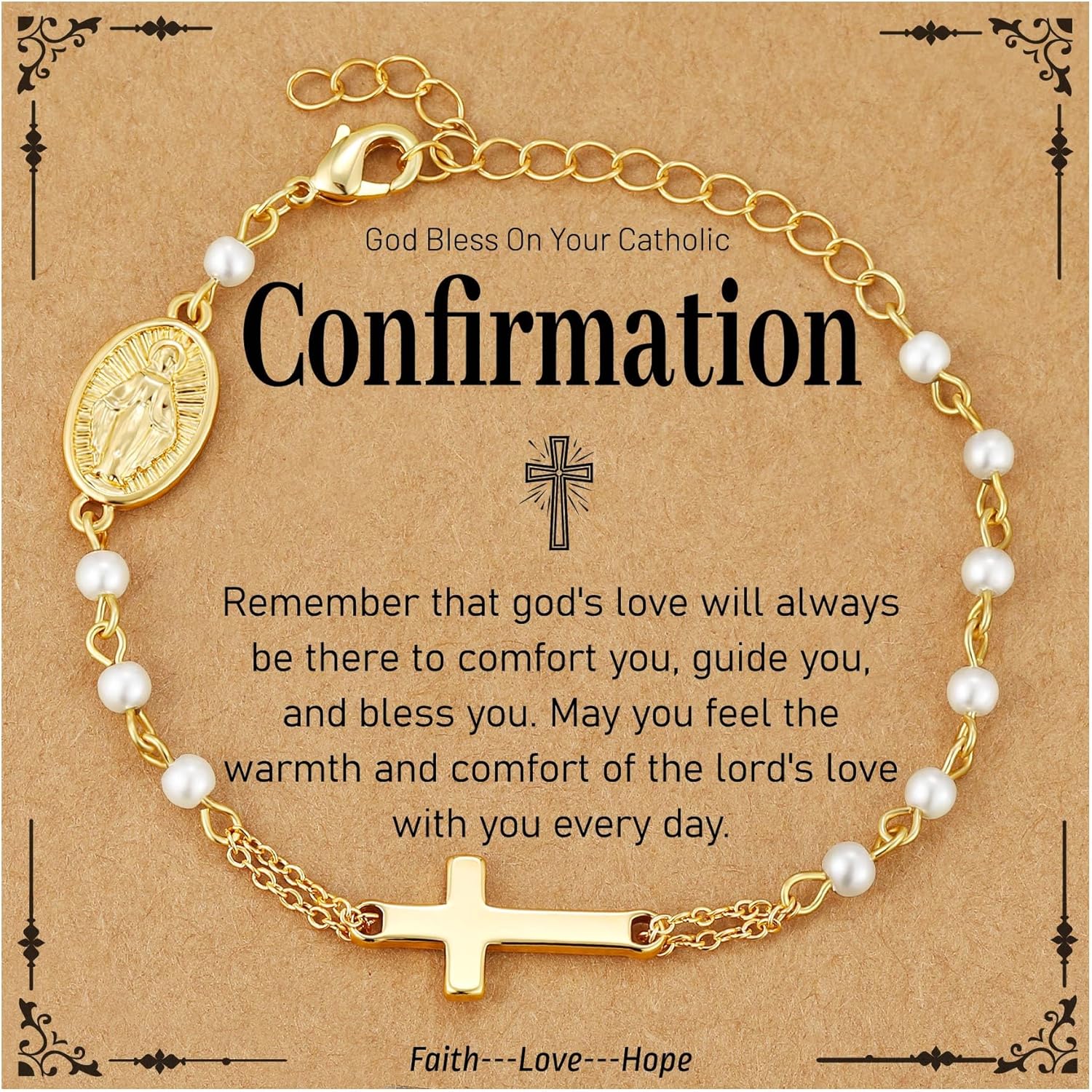 Semoya Catholic Bracelets Gifts for Women Girls, Simulated Pearl Rosary Beads Virgin Mary Cross Charm Bracelet Confirmation First Communion Baptism Religious Christian Jewelry Gift