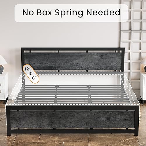 Miniatura 25 de LIKIMIO - Base de cama de plataforma tamaño King con cabecera de madera estilo industrial y 12 fuertes patas de metal de soporte, fácil de montar,