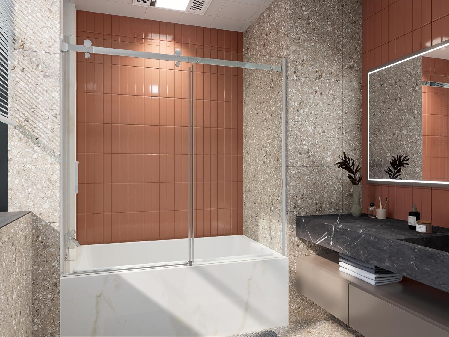 Semi-Frameless Sliding Bathtub Door, Glass, Chrome, 56-60 in. W x 58 in. H, Contemporary, 5/16 in. Clear Tempered Glass, DIY Installation, 103.4 Pounds