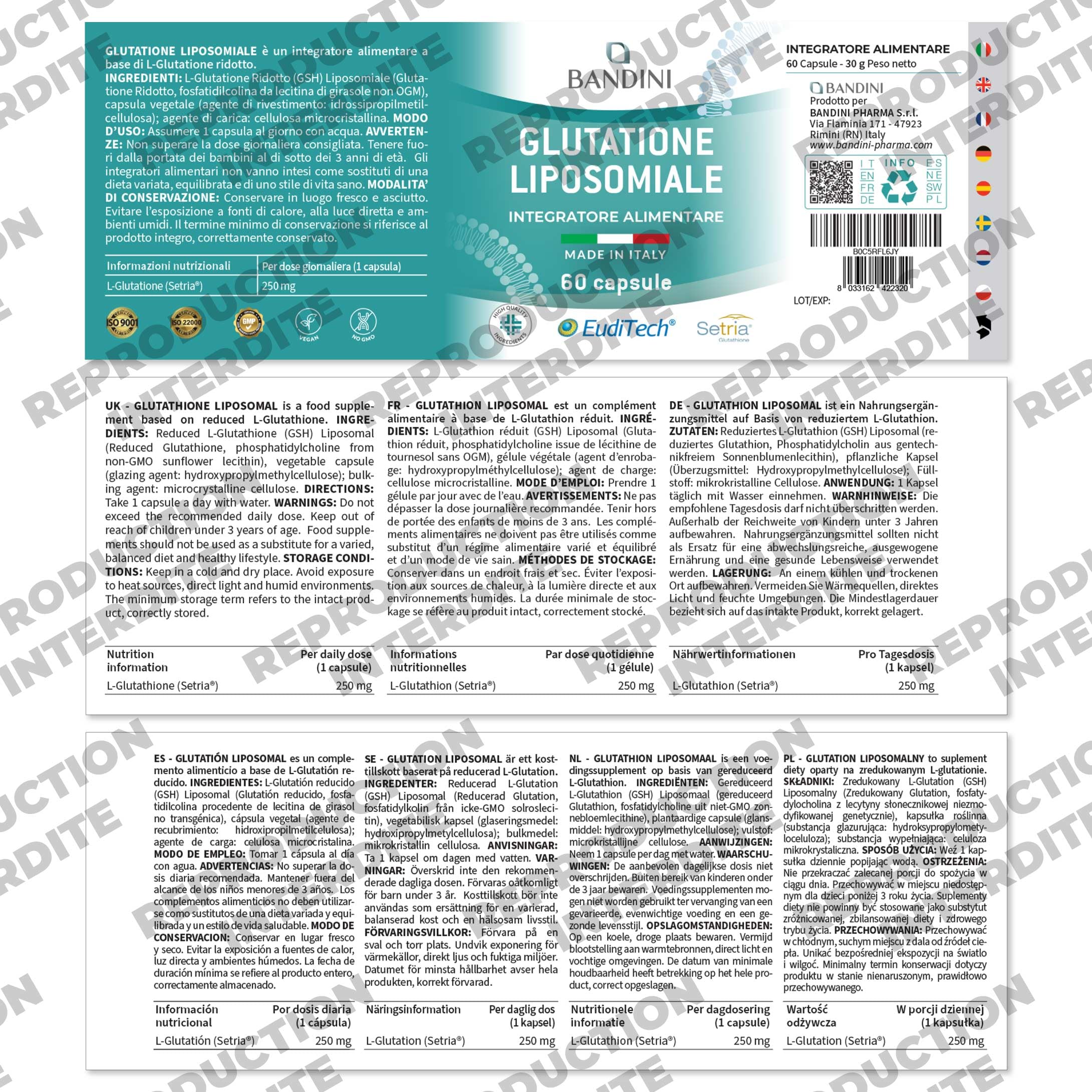 Bandini® Glutathion Liposomal Réduit 60 Gélules, Forme Active L-Glutathion | (Setria) Réductase Bioactif, Haut Dosage, Absorption & Biodisponibilité, L Glutathione Puissant Antioxydant Naturel Anti-âge