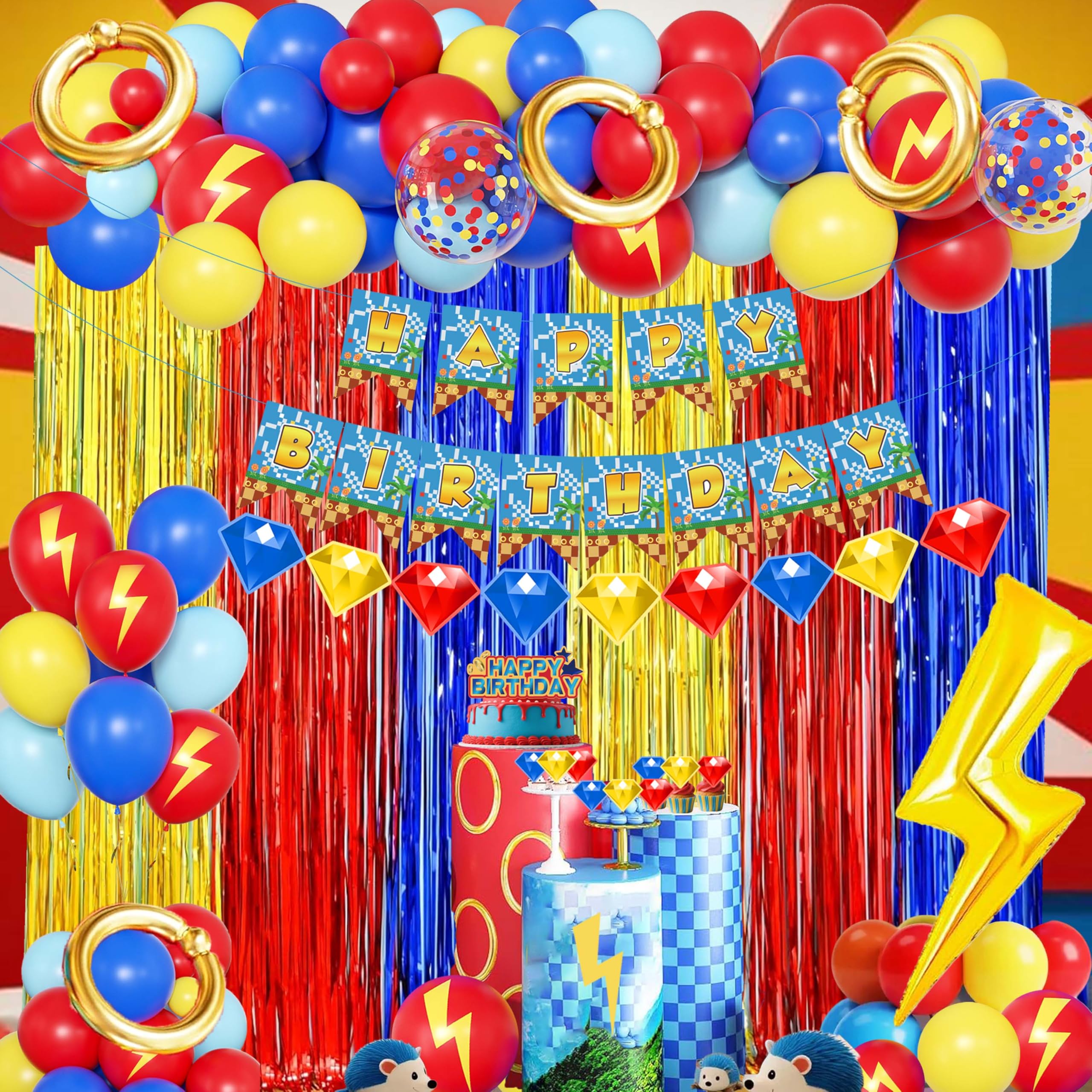 Cartoon Hedgehog Birthday Decorations for Boys,Blue Red Gold Fringe Curtains, Gold Circle Explosion Star Foil Balloon,Happy Birthday Banner