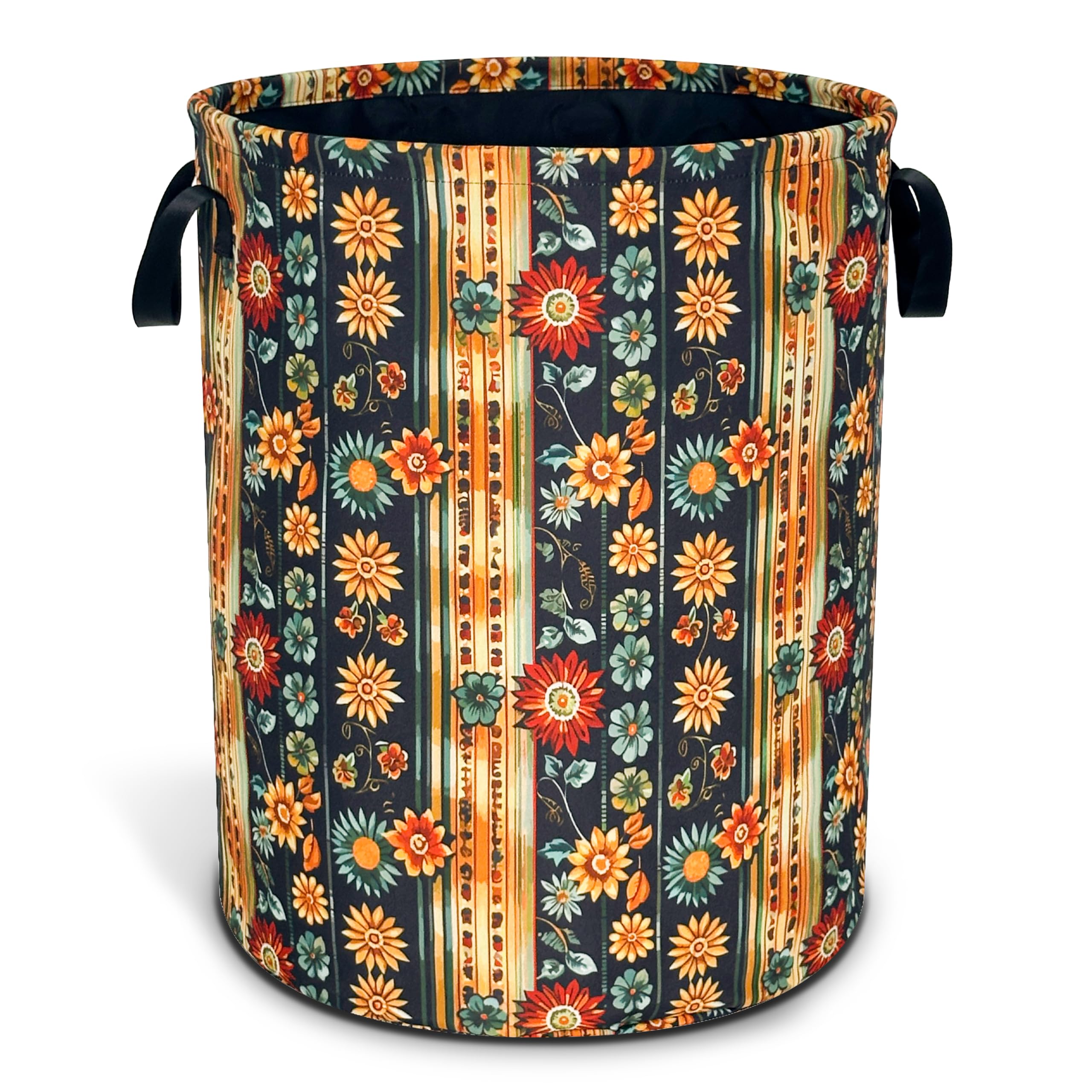 Folk Flower Art Laundry Basket Boho Floral Print Oxford Cloth Laundry Hamper With Handle Foldable Portable Clothes Storage Basket 18.9 X 16.5 Inch
