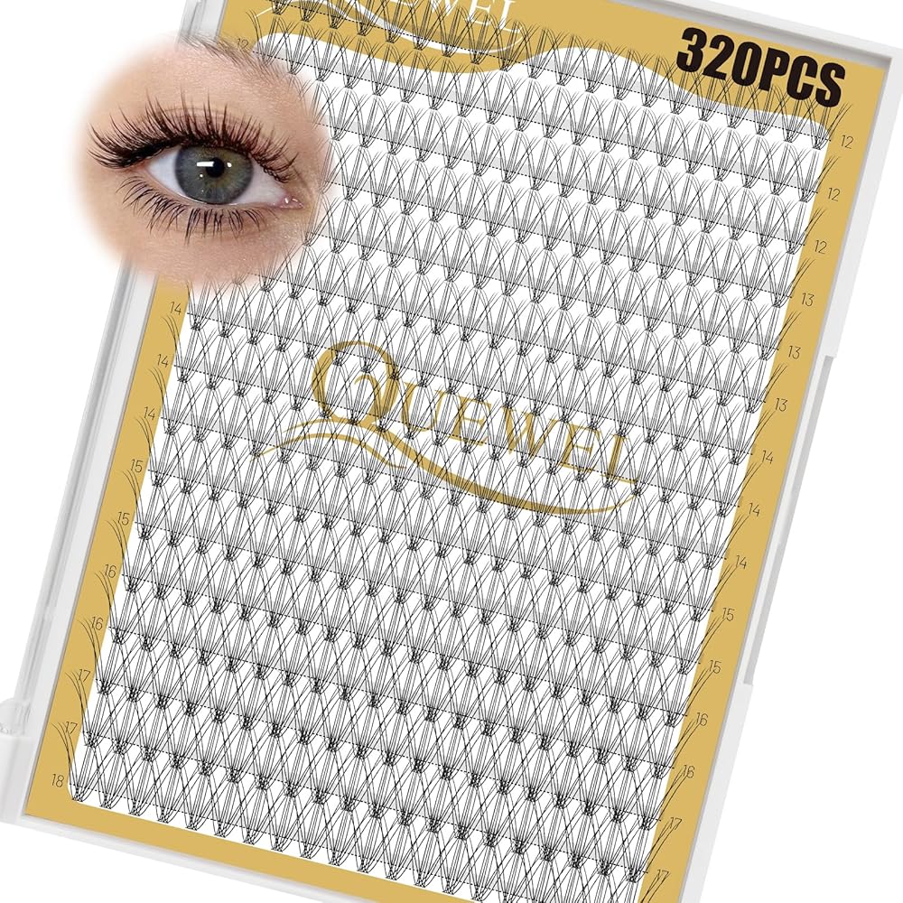 QUEWEL Lash Clusters 320Pcs Cluster Lashes 10D C Curl Lash Cluster Eyelash Extensions Mix12-18mm Individual Eyelashes Clusters Wispy Lash Clusters Thin Band Soft to Use at Home(10D C Mix12-18)