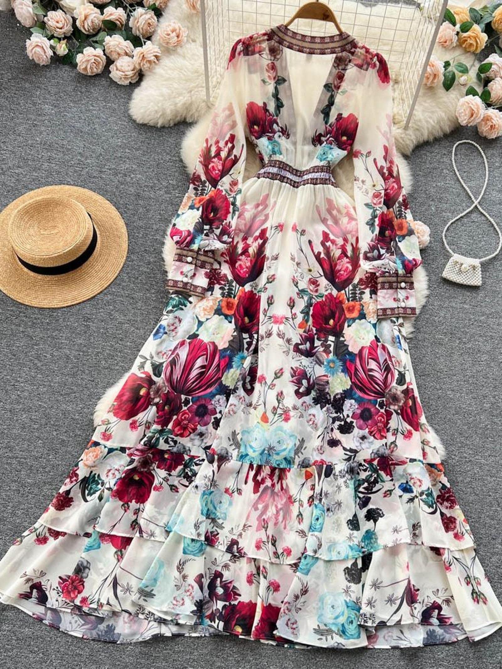 Vestito Donna Elegante Runway Gorgeous Flower Chiffon Cascading Ruffles Dress Women Deep V Neck Long Sleeve Floral Stampa Boho Robe Vestido-Beige,M
