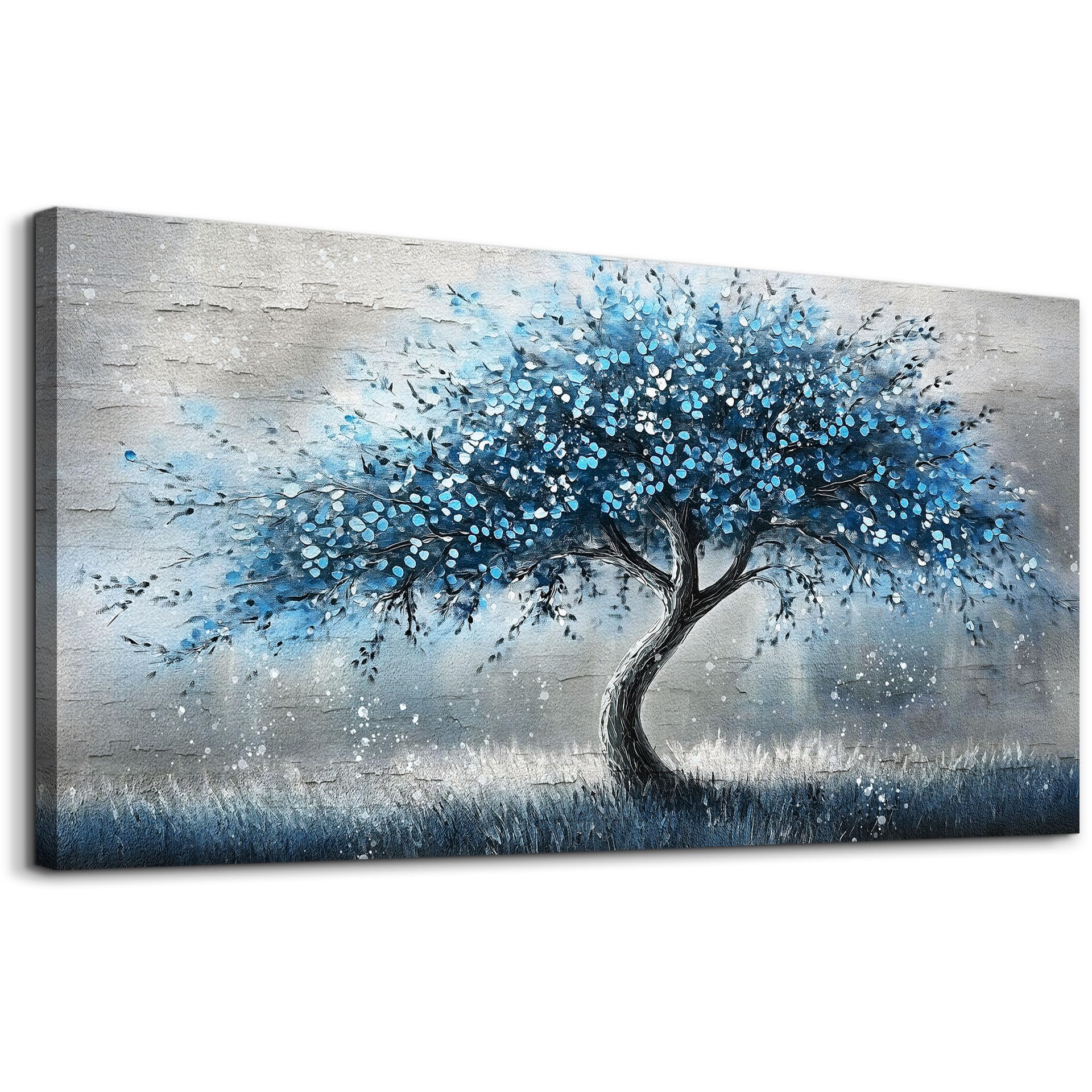 hyidecorart Large Panoramic Abstract Canvas Wall Art - Blue Tree of Life Pictures Painting, Modern Posters Artwork Ready to Hang, Wall Decor for