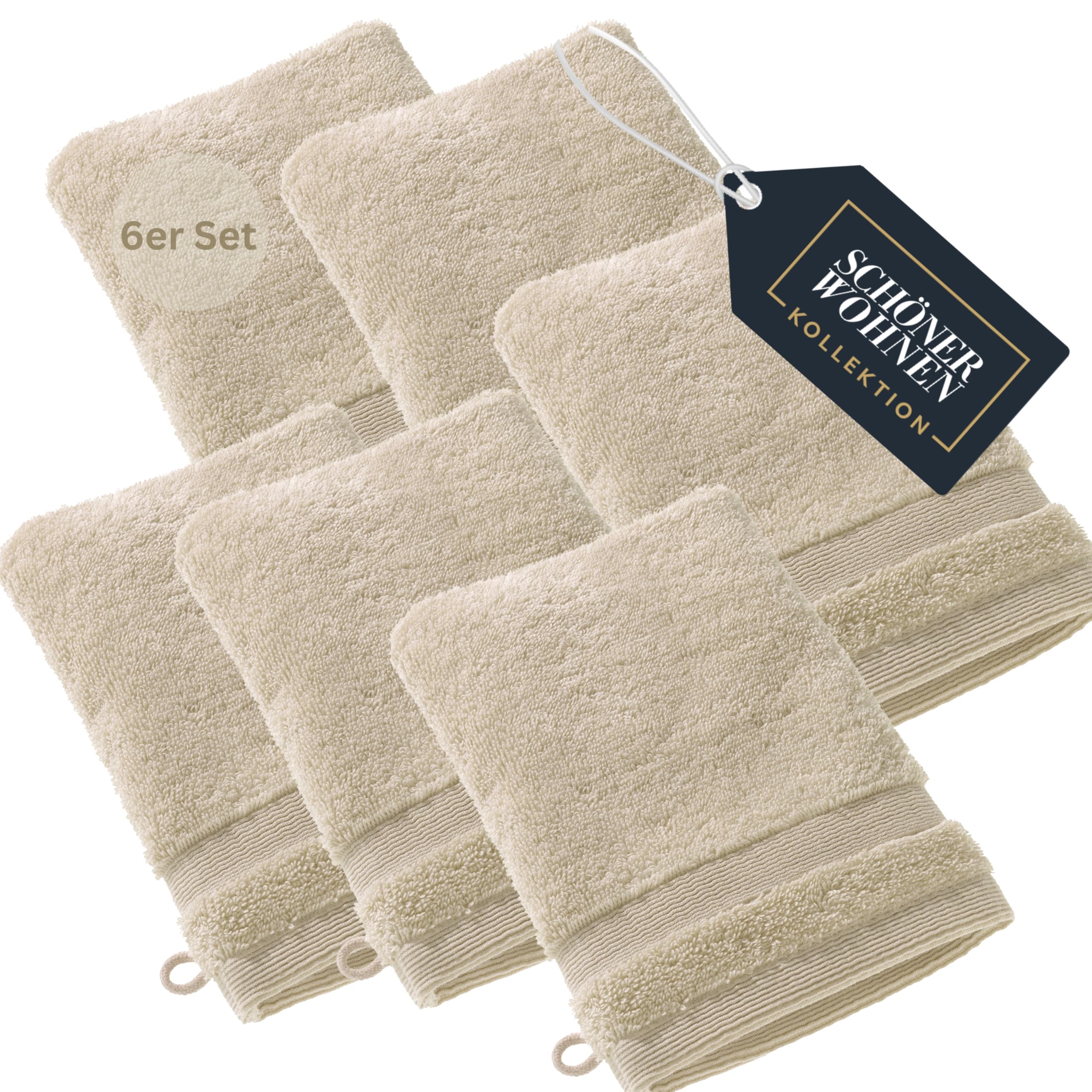 SCHÖNER WOHNEN 6er Set Premium Frottee Waschhandschuh Baby 16x21 - saugstark 500g/m² - Luxus Waschlappen beige - 100% Baumwolle - flauschig für Kinder Körper - Handtuch-Set kombinierbar - Öko-Tex