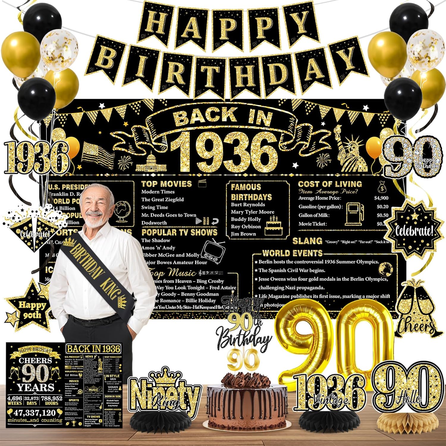 90th Birthday Decorations for Men, Black Gold Back in 1936 Party Supplies Kit with Banner, Backdrop, Sash, Balloons, Cake Topper & Honeycomb Centerpieces, Happy 90 Year Old Birthday Decorations