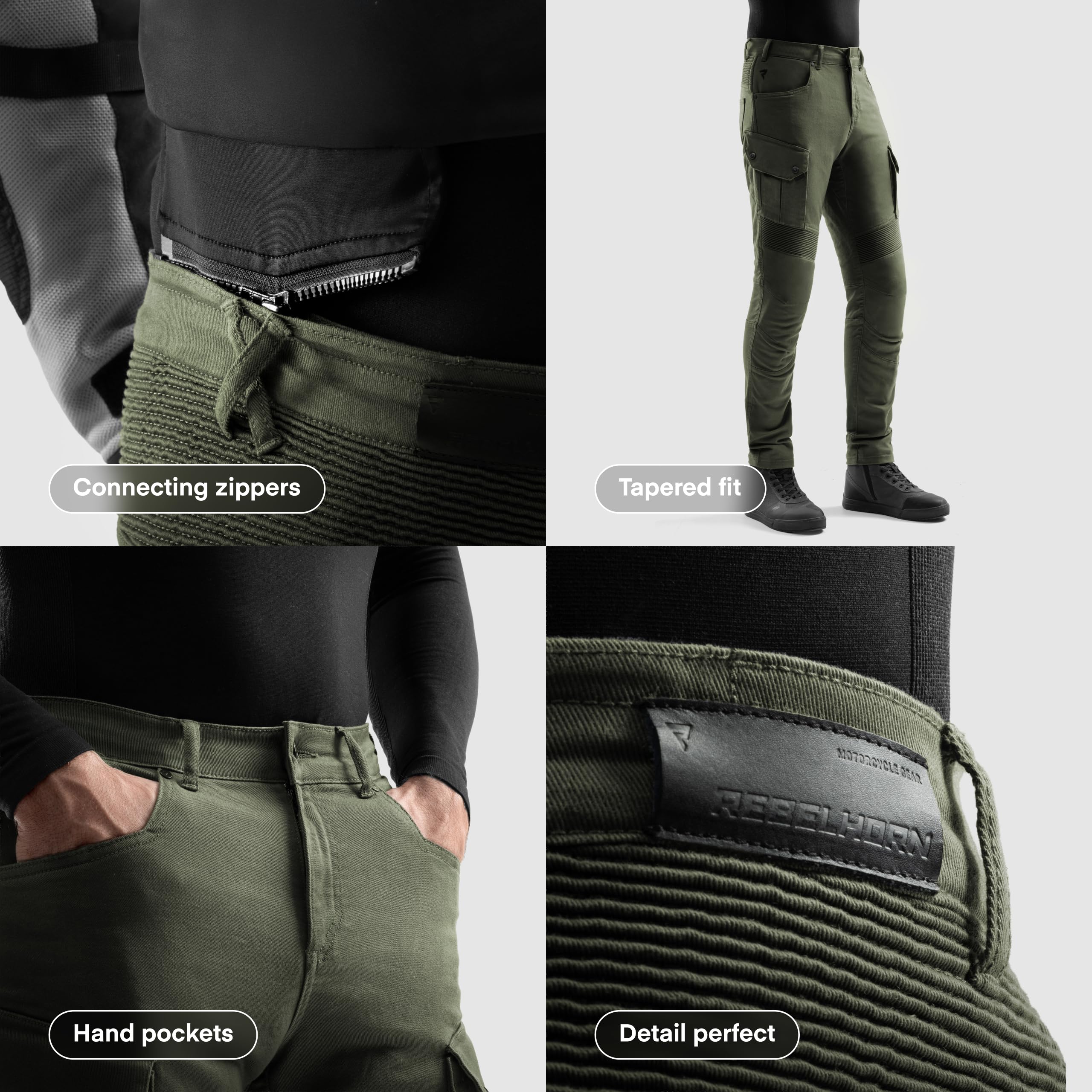 REBELHORN Faster Motorradjeans Herren | Aramidfaser Futter | Knie und Hüftprotektoren Stufe 2 | Tasche für Steißbeinprotektor | 2 Cargotaschen | Tapered Fit