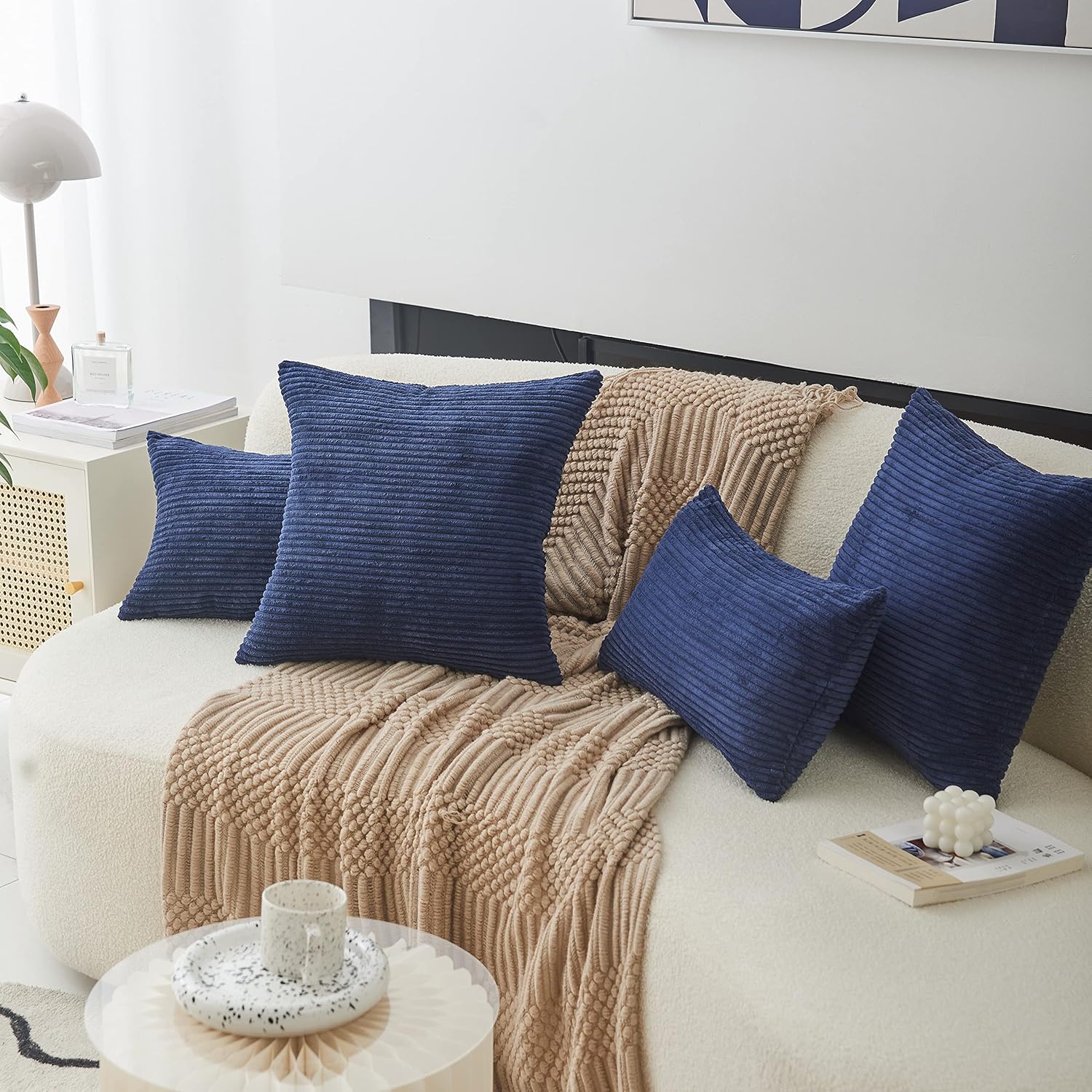 Home Brilliant Euro Sham Striped Decorative Corduroy Pillow Cover 24x24 Velvet Large Couch Throw Pillow Cover for Bedroom, 24 inch (60cm), Navy Blue - Image 3