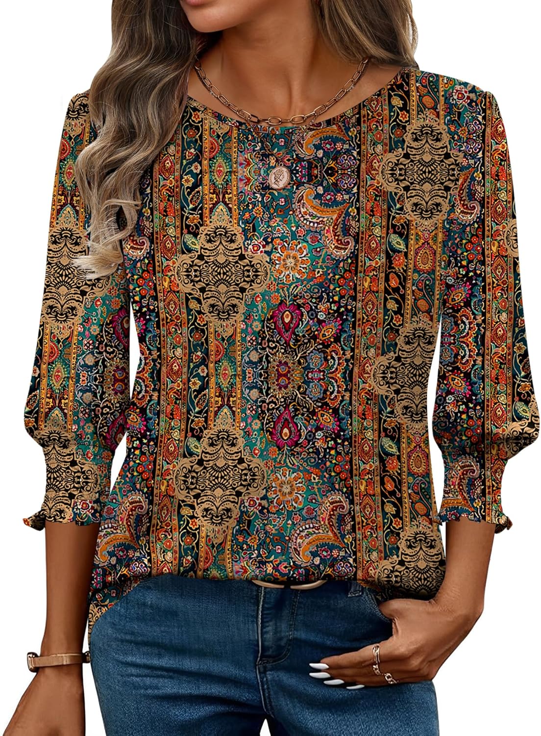 Zeagoo Tops for Women 2026 3/4 Sleeve Blouses Dressy Casual Womens Round Neck Tunics Fall Shirts